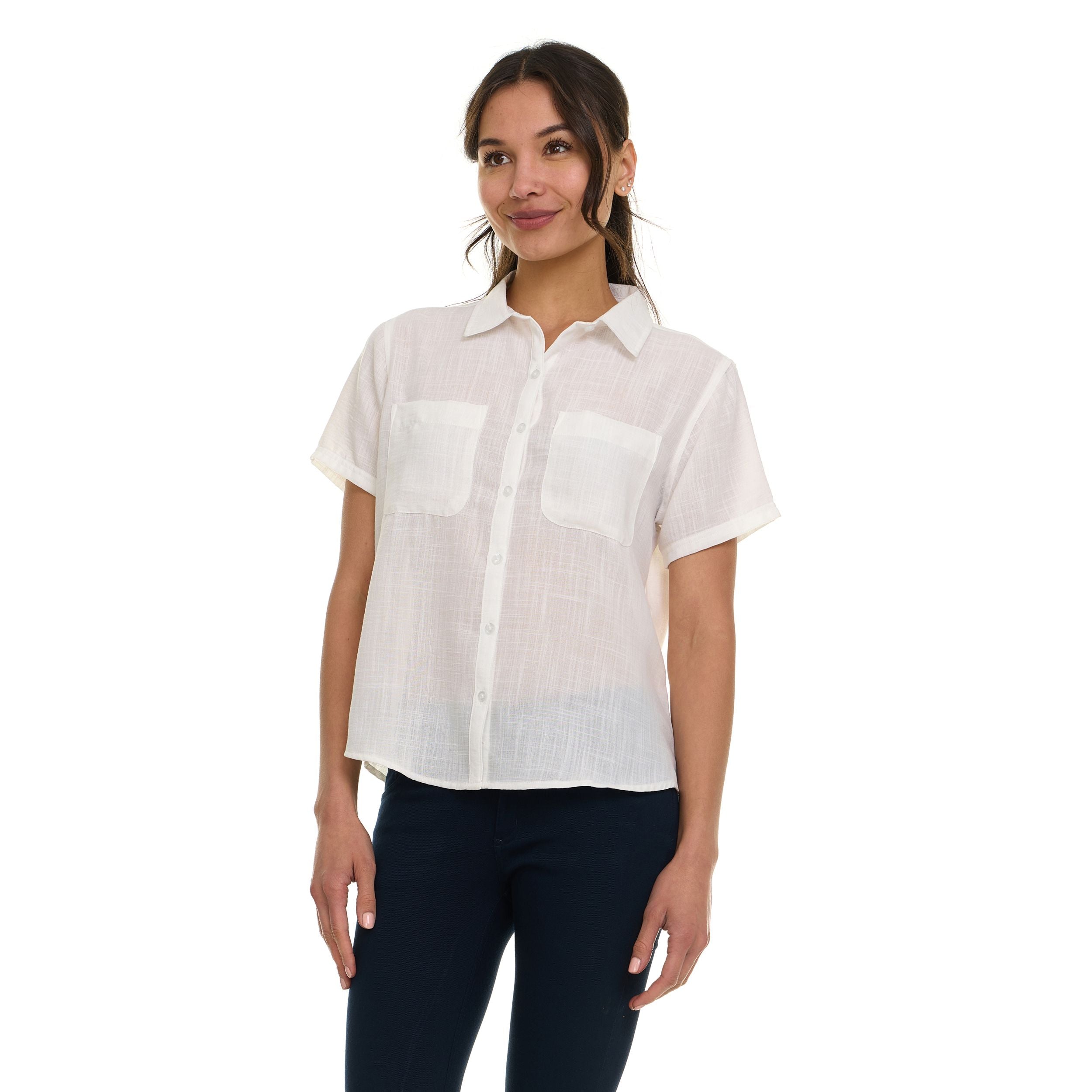 Super Triple Goose Women’s Short Sleeve Linen Shirt – Lightweight Button-Up Collared Blouse with Front Pockets