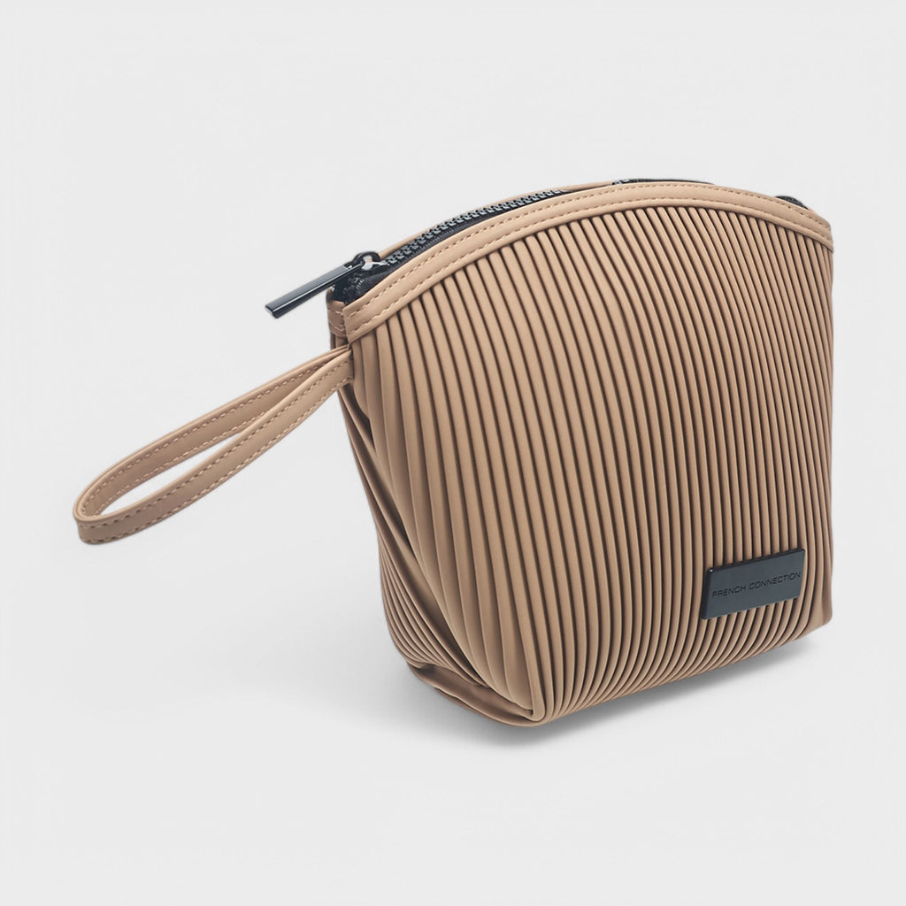 French Connection Ribbed Travel Pouch Bag with Wristlet Strap - Tan