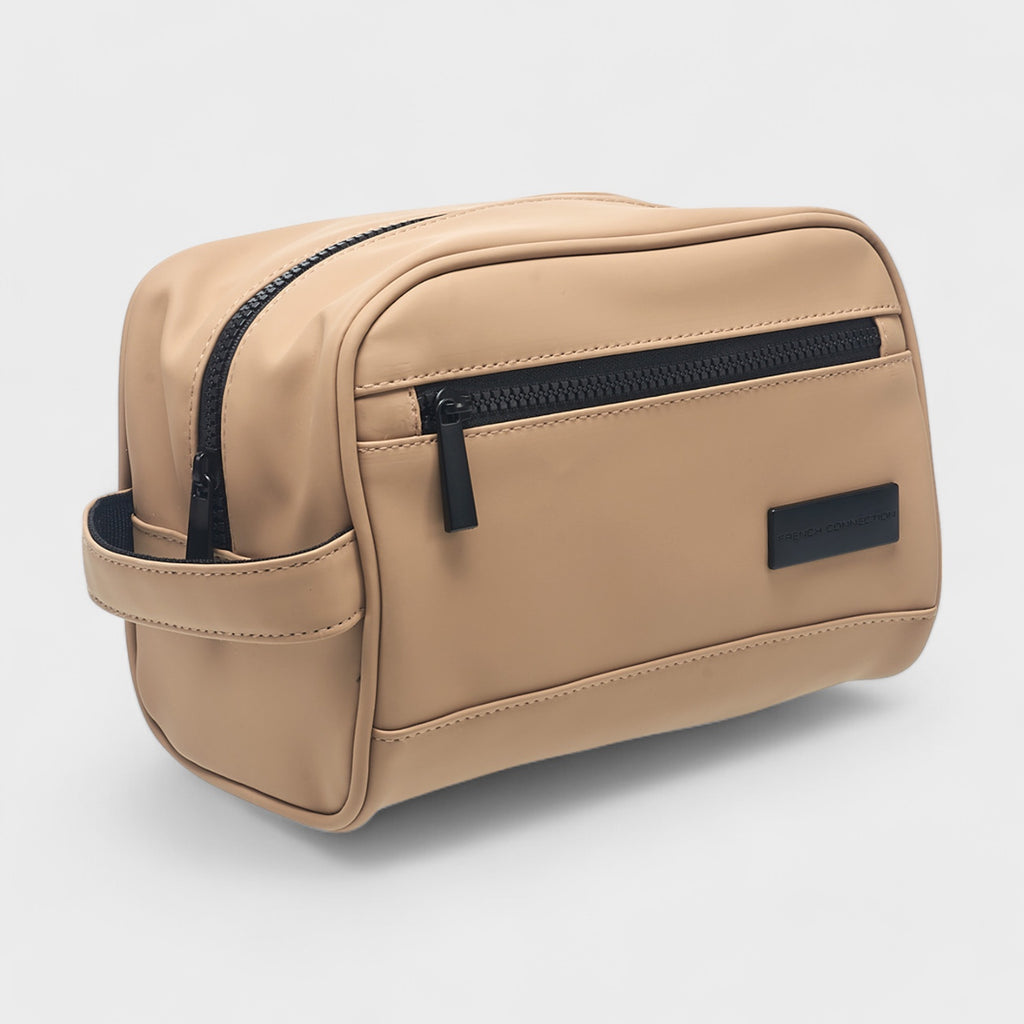French Connection Toiletry Bag with Zippered Compartments - Waterproof Travel Pouch in Vegan Leather, Tan