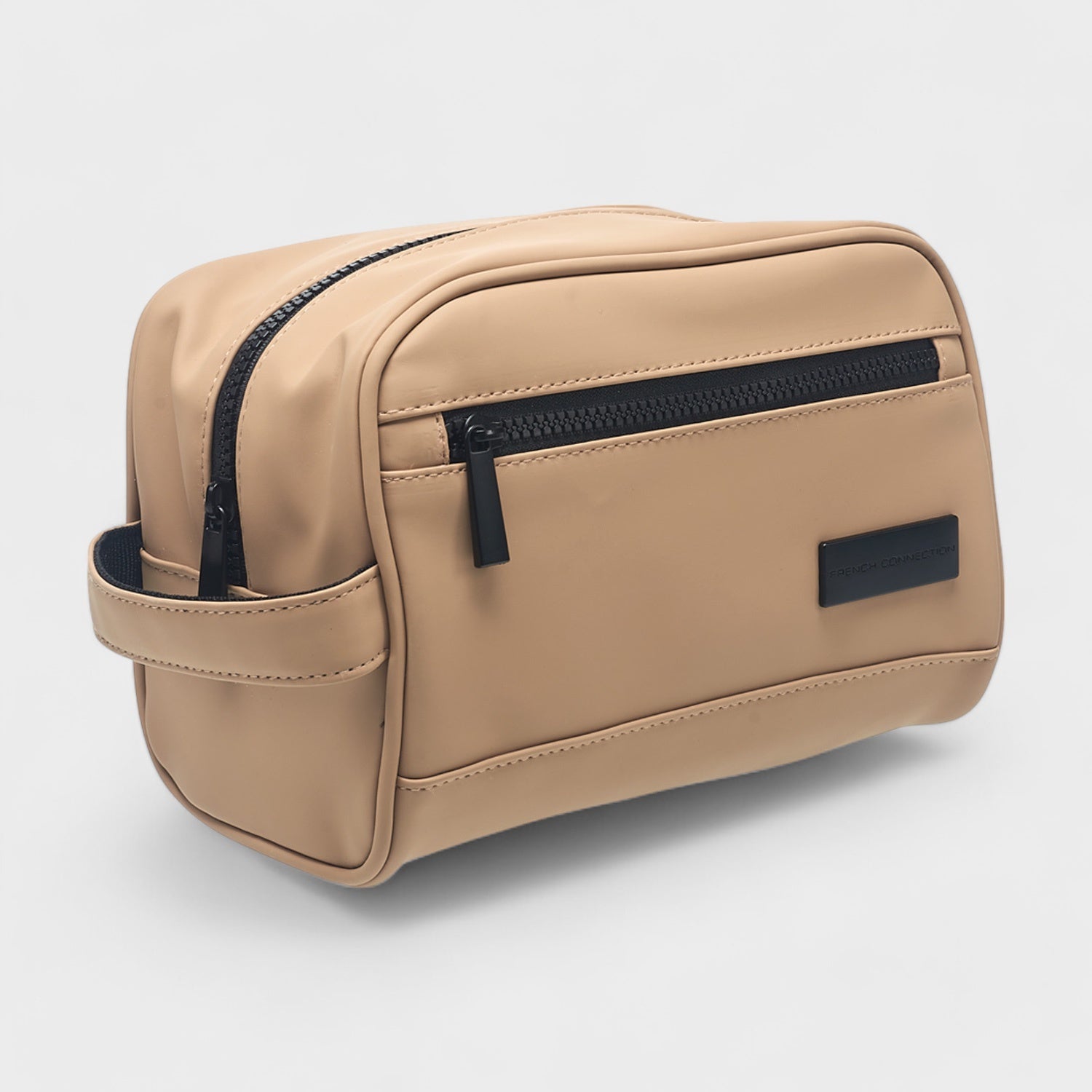 French Connection Toiletry Bag with Zippered Compartments - Waterproof Travel Pouch in Vegan Leather, Tan