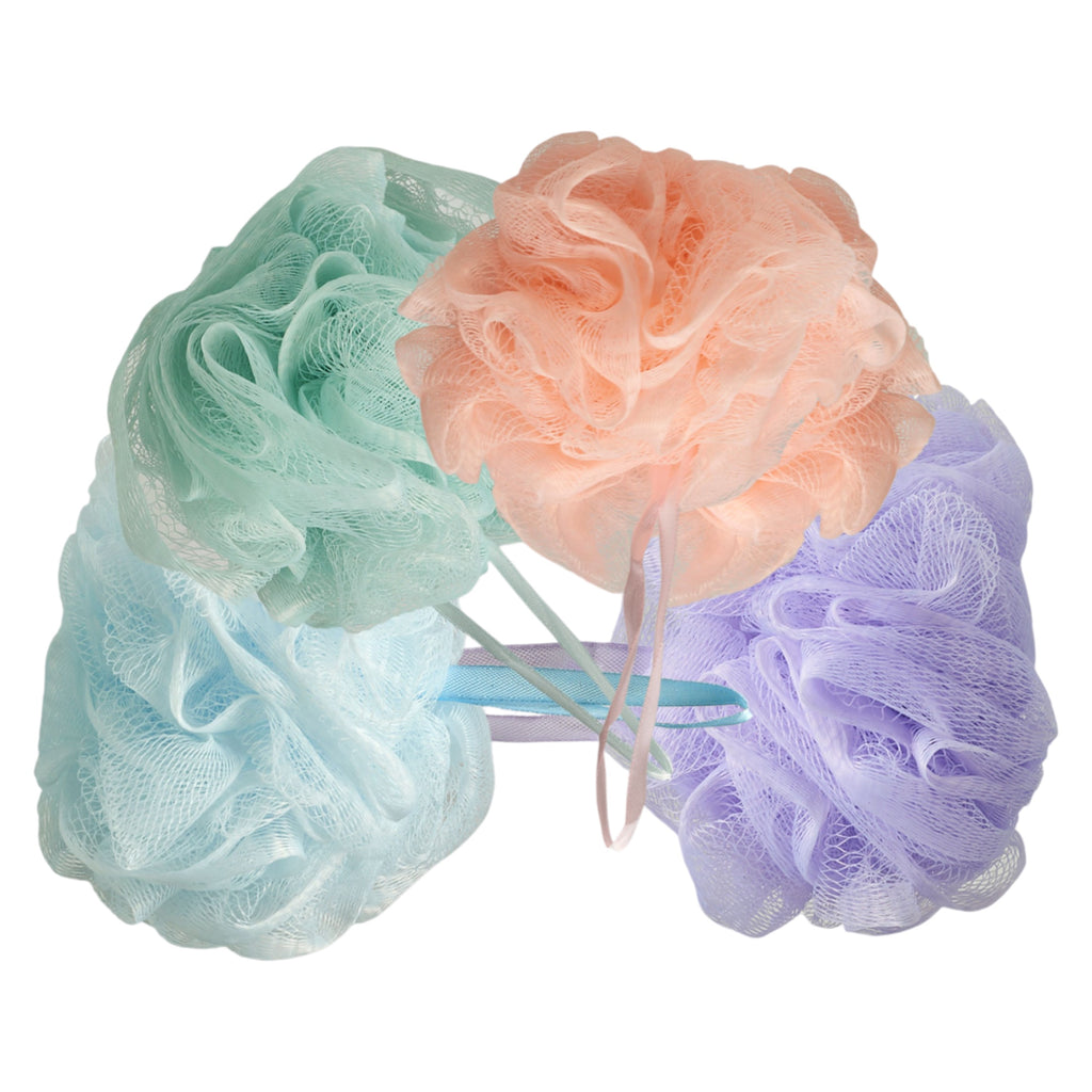 Spa Essentials 4 Pack Bath Loofahs - Shower Poufs with Reusable Travel Bag