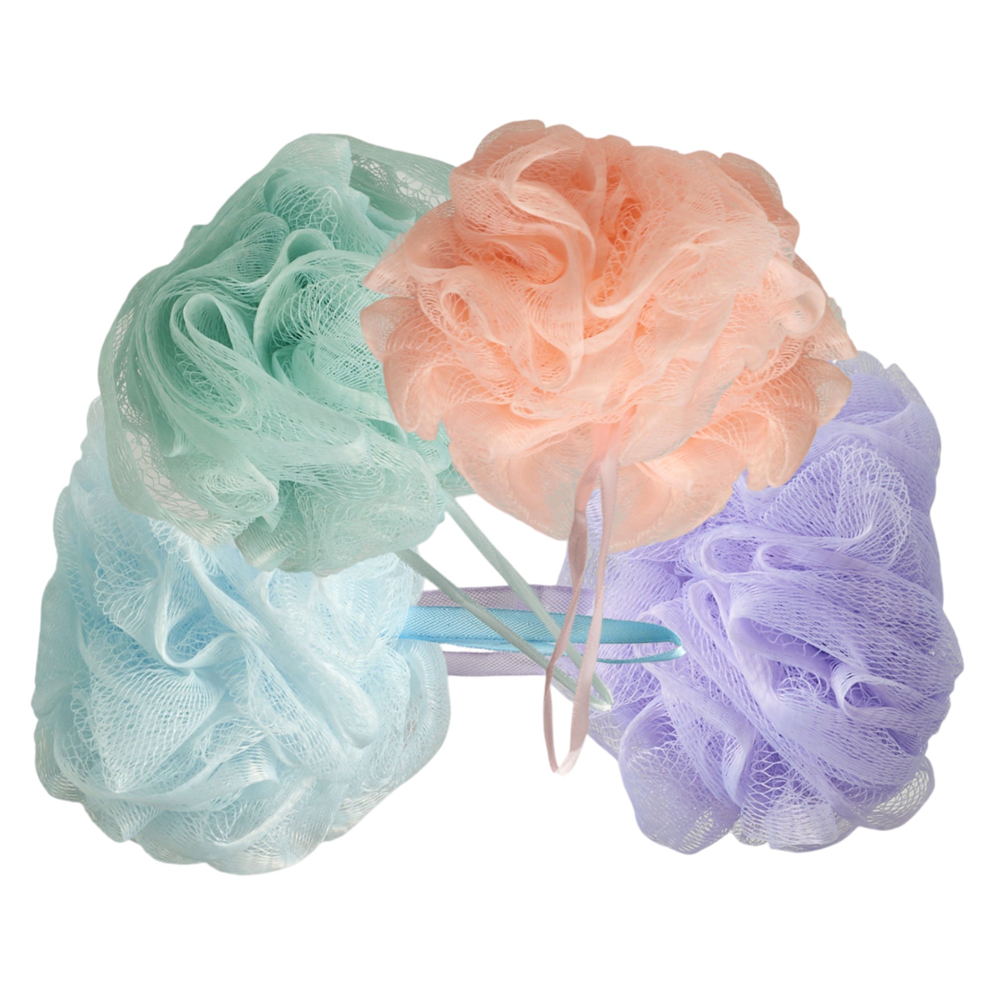 Spa Essentials 4 Pack Bath Loofahs - Shower Poufs with Reusable Travel Bag