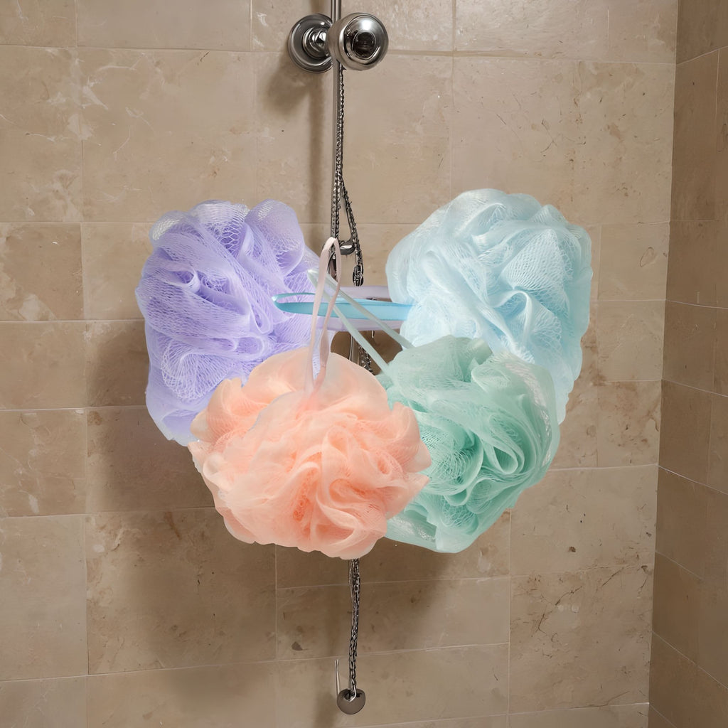 Spa Essentials 4 Pack Bath Loofahs - Shower Poufs with Reusable Travel Bag