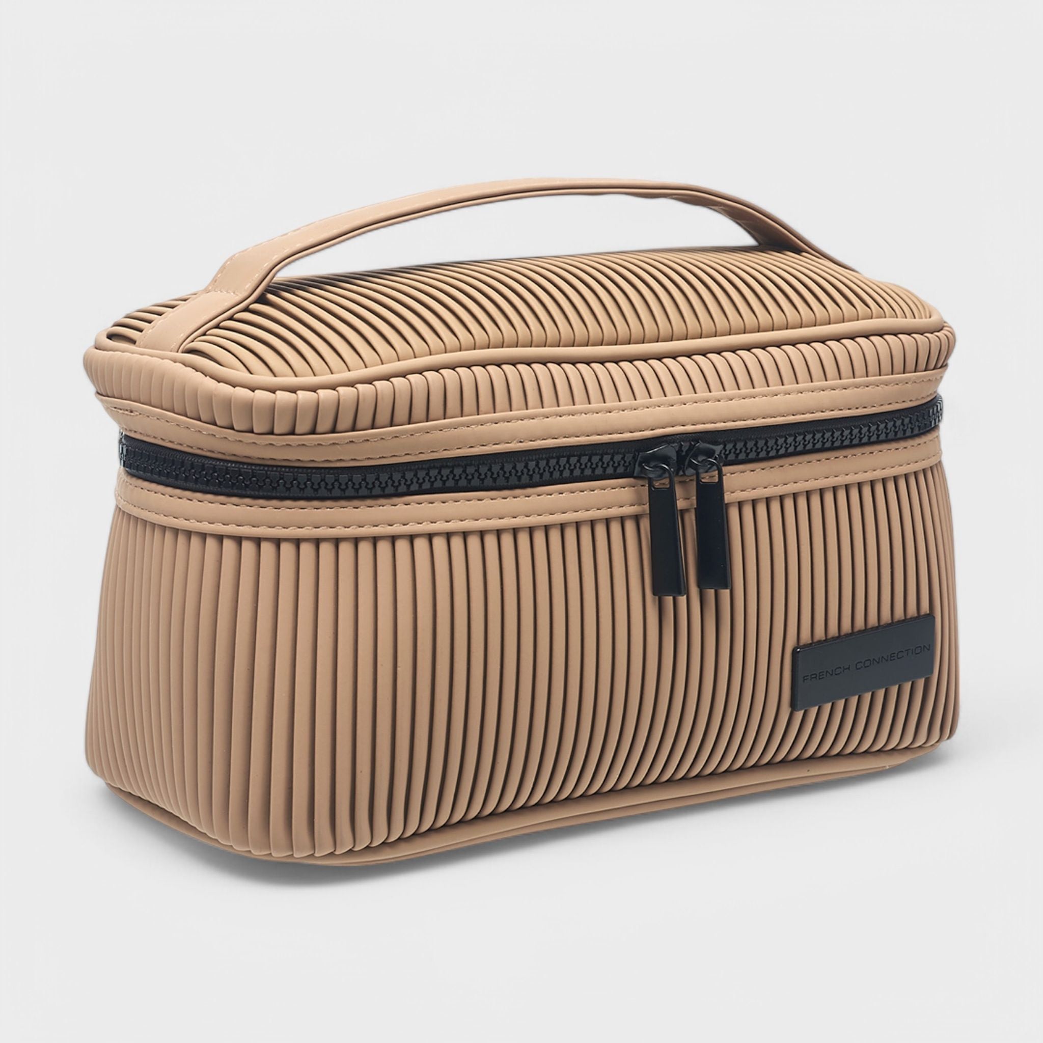 French Connection Ribbed Cosmetic Organizer Bag with Handle – Water Resistant Travel Cosmetic Case - Tan