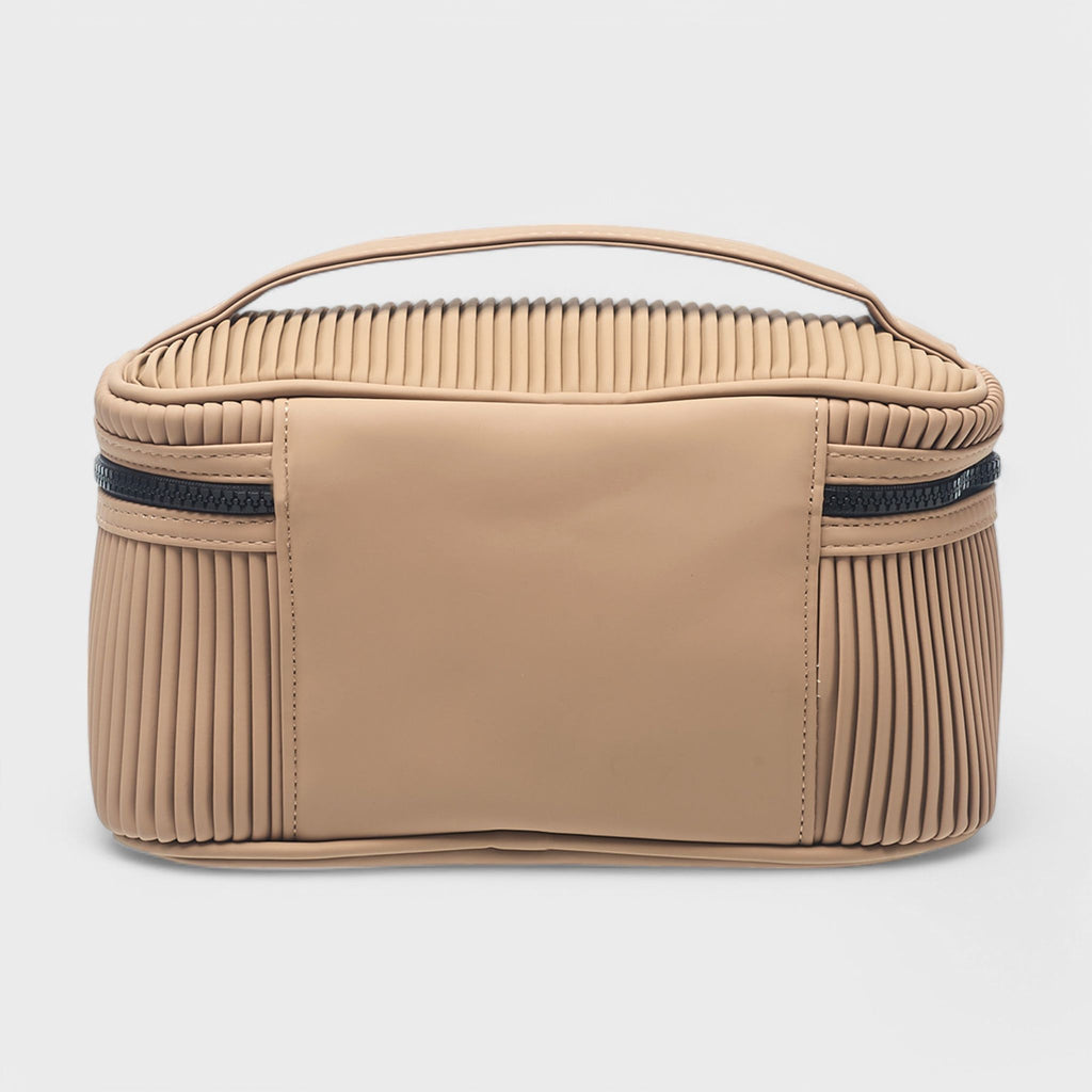 French Connection Ribbed Cosmetic Organizer Bag with Handle – Water Resistant Travel Cosmetic Case - Tan