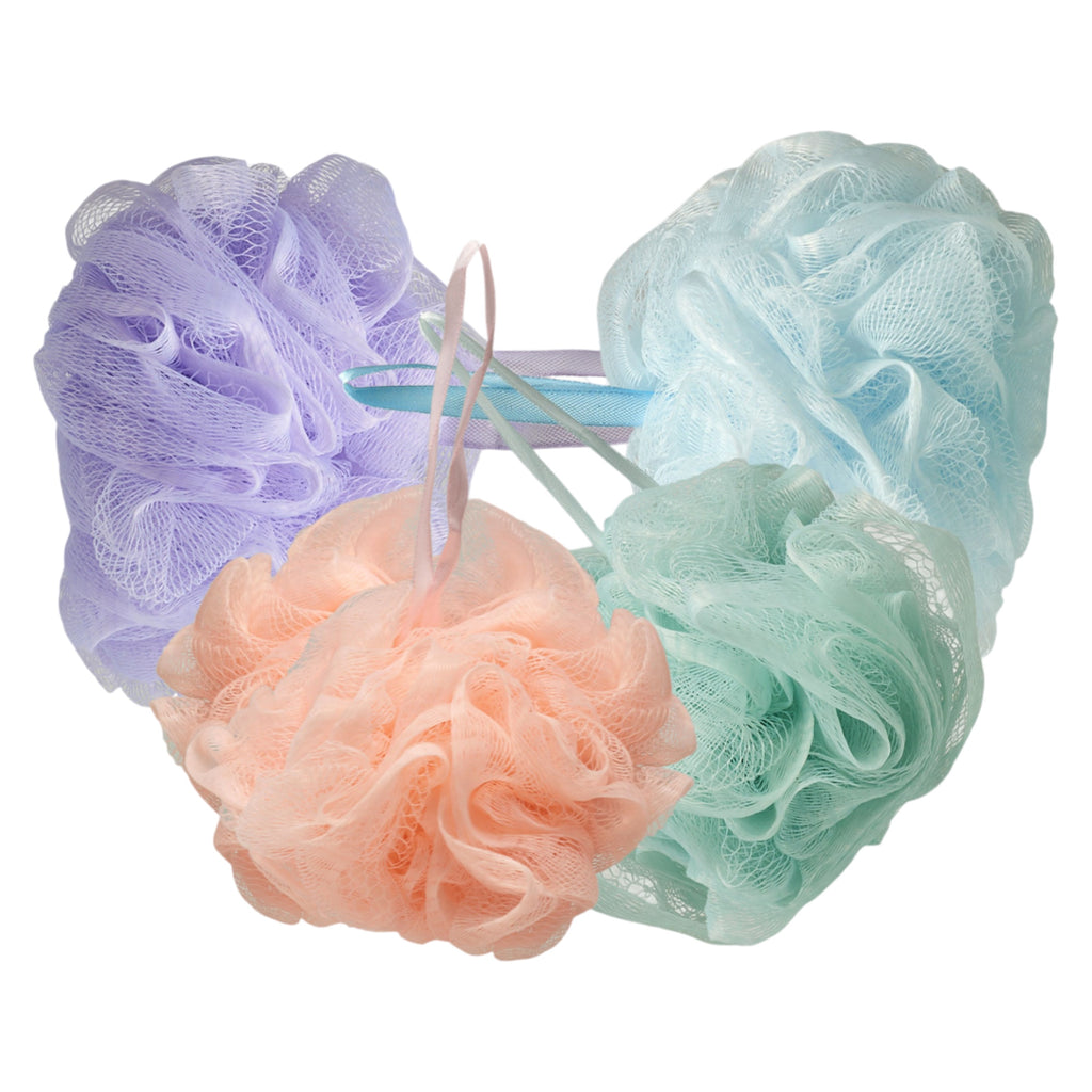 Spa Essentials 4 Pack Bath Loofahs - Shower Poufs with Reusable Travel Bag