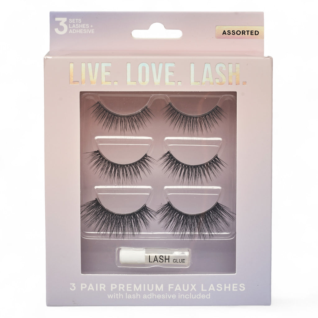 Spa Essentials  3-Pair Premium Faux Lashes with Adhesive – Assorted False Eyelashes