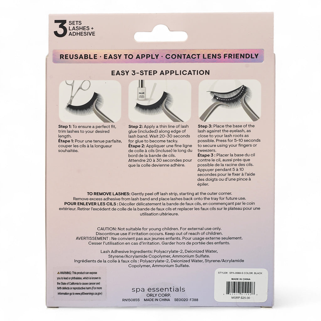 Spa Essentials  3-Pair Premium Faux Lashes with Adhesive – Assorted False Eyelashes