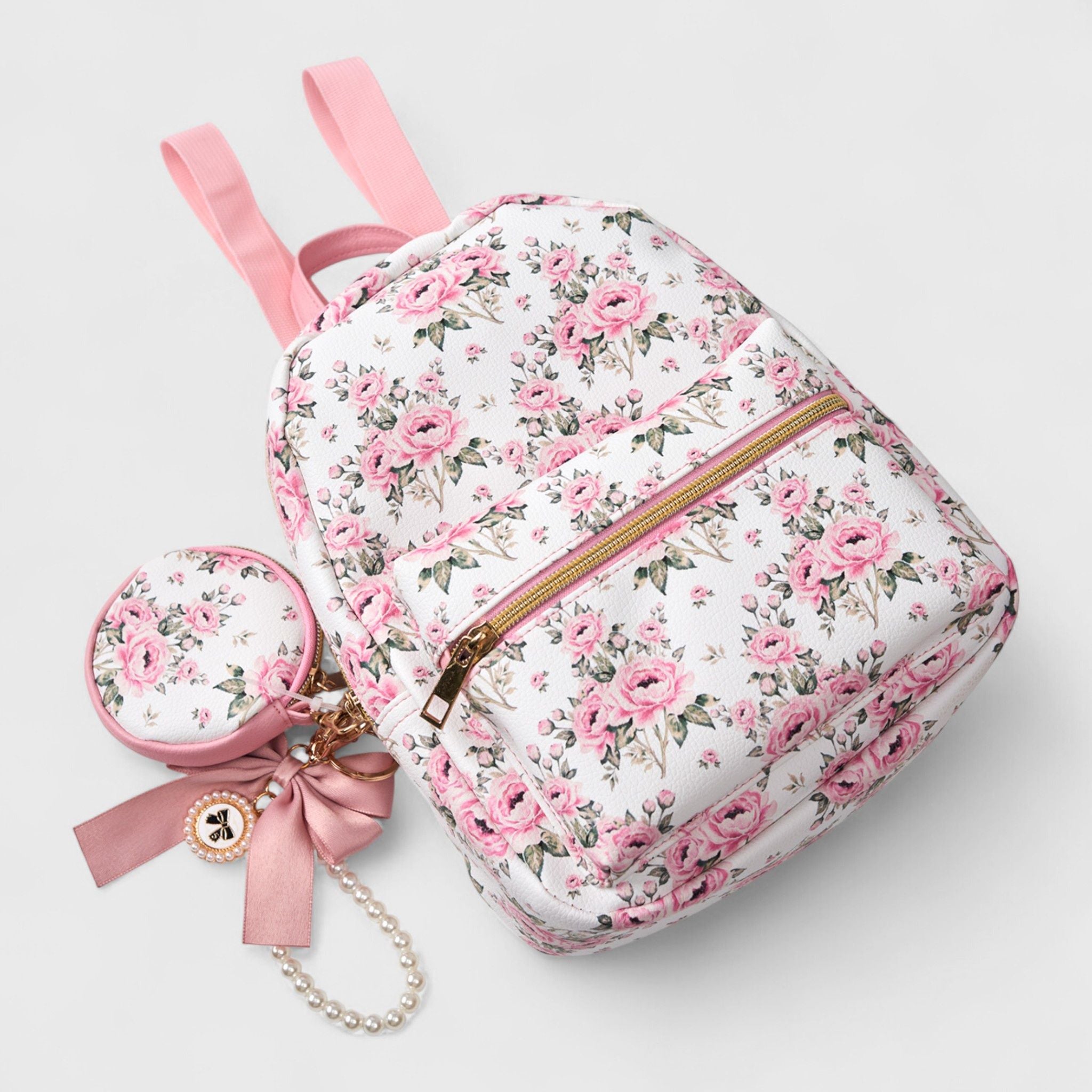 A Little Obsessed Girl's Floral Garden Party Backpack Set with Matching Coin Purse & Pearl Keychain – Cute Mini Backpack for Kids