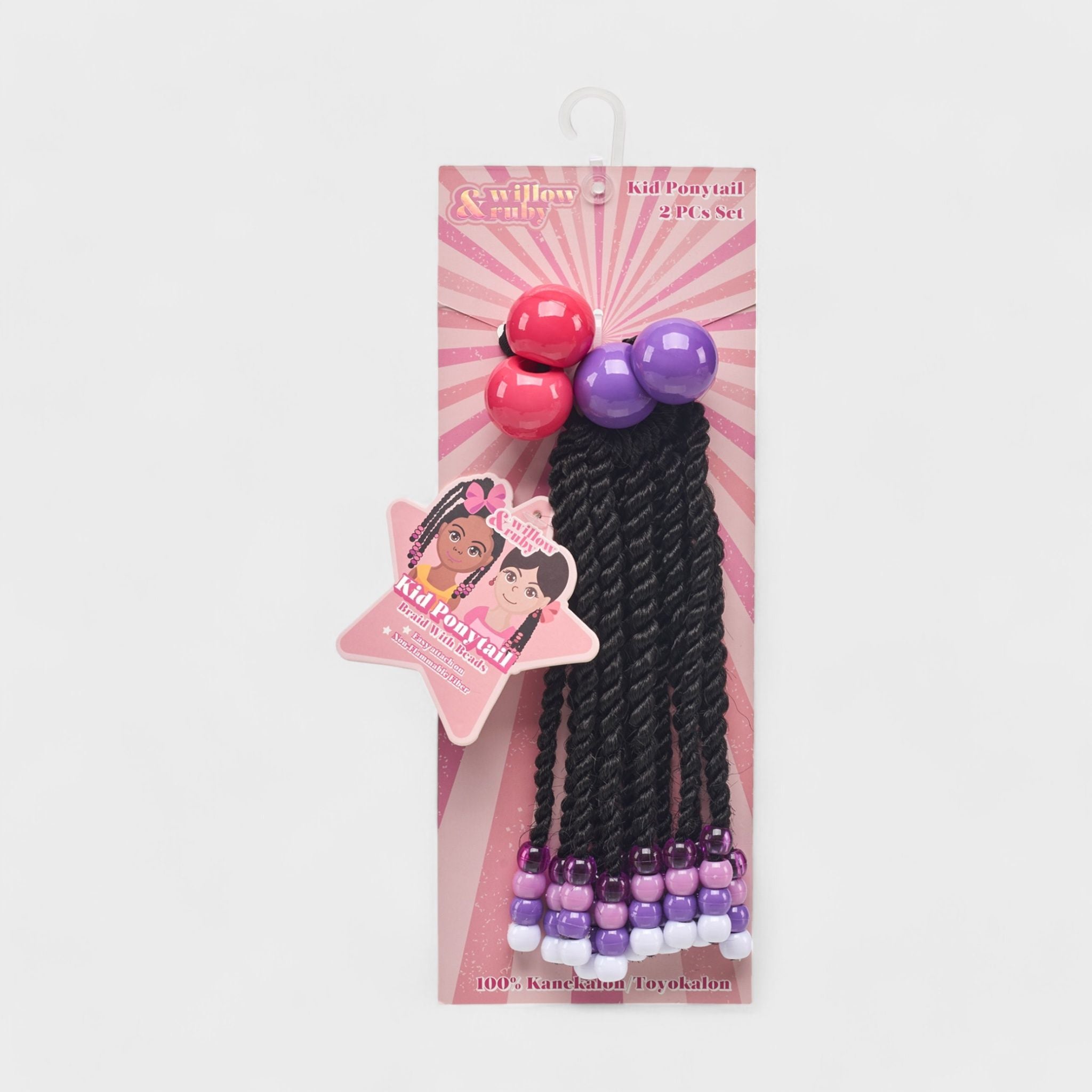 Willow & Ruby Kid's 2-Piece Ponytail Set - Beaded Synthetic Braided Hair Extensions Ponytail Holder with Knocker Bubble Hair Ties