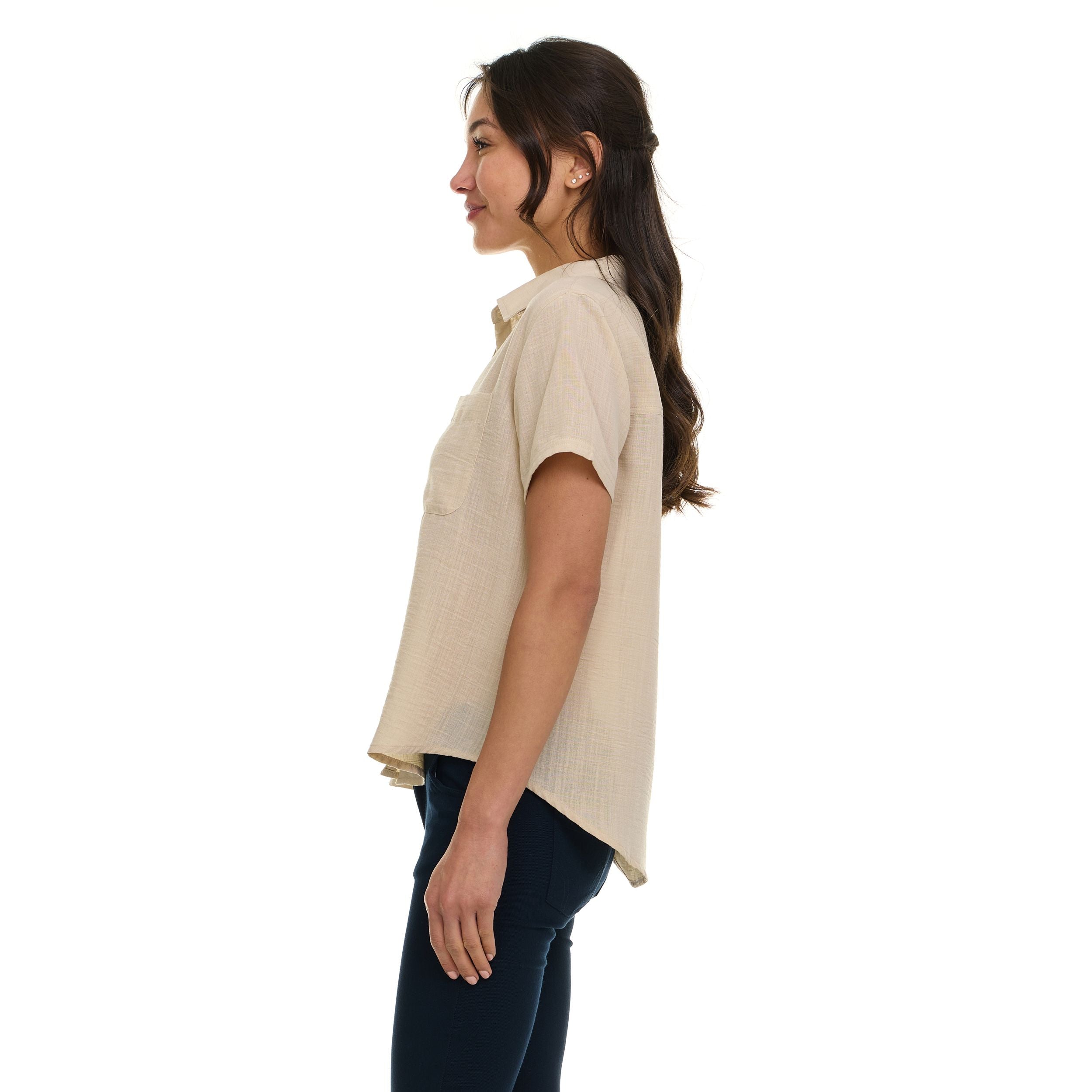 Super Triple Goose Women’s Short Sleeve Linen Shirt – Lightweight Button-Up Collared Blouse with Front Pockets