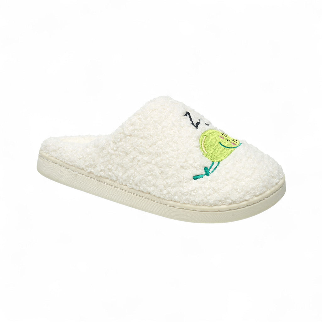 Aéropostale Women’s Fuzzy “Snoozing Pea” Mule Slippers – Ivory Slip-On House Shoes with Green Sleeping Pea & “Zzz” Embroidery