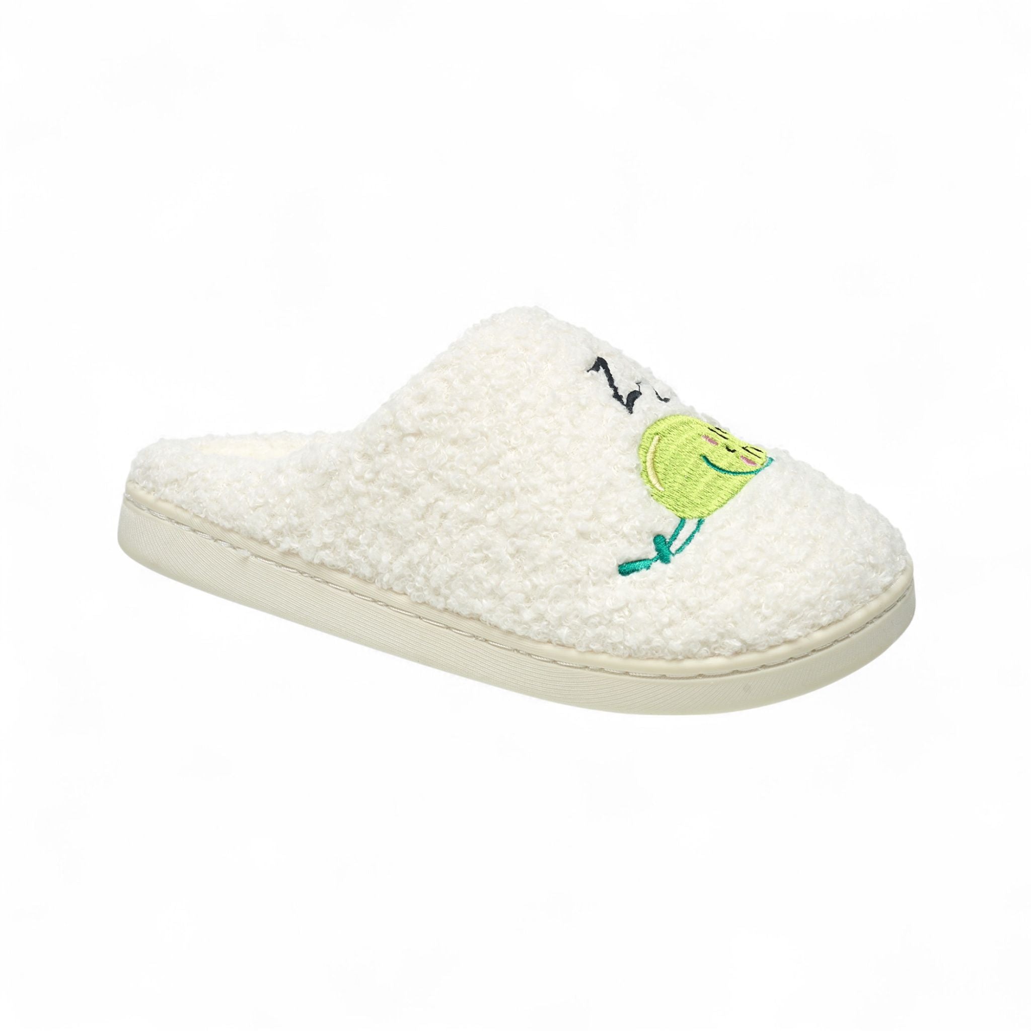 Aéropostale Women’s Fuzzy “Snoozing Pea” Mule Slippers – Ivory Slip-On House Shoes with Green Sleeping Pea & “Zzz” Embroidery