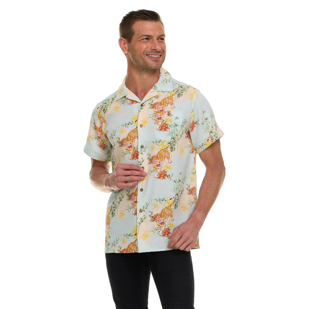 Super Triple Goose Men’s Textured Printed Camp Collar Shirt – Vintage-Inspired Stretch Shirt with Moisture Wicking & Easy Care
