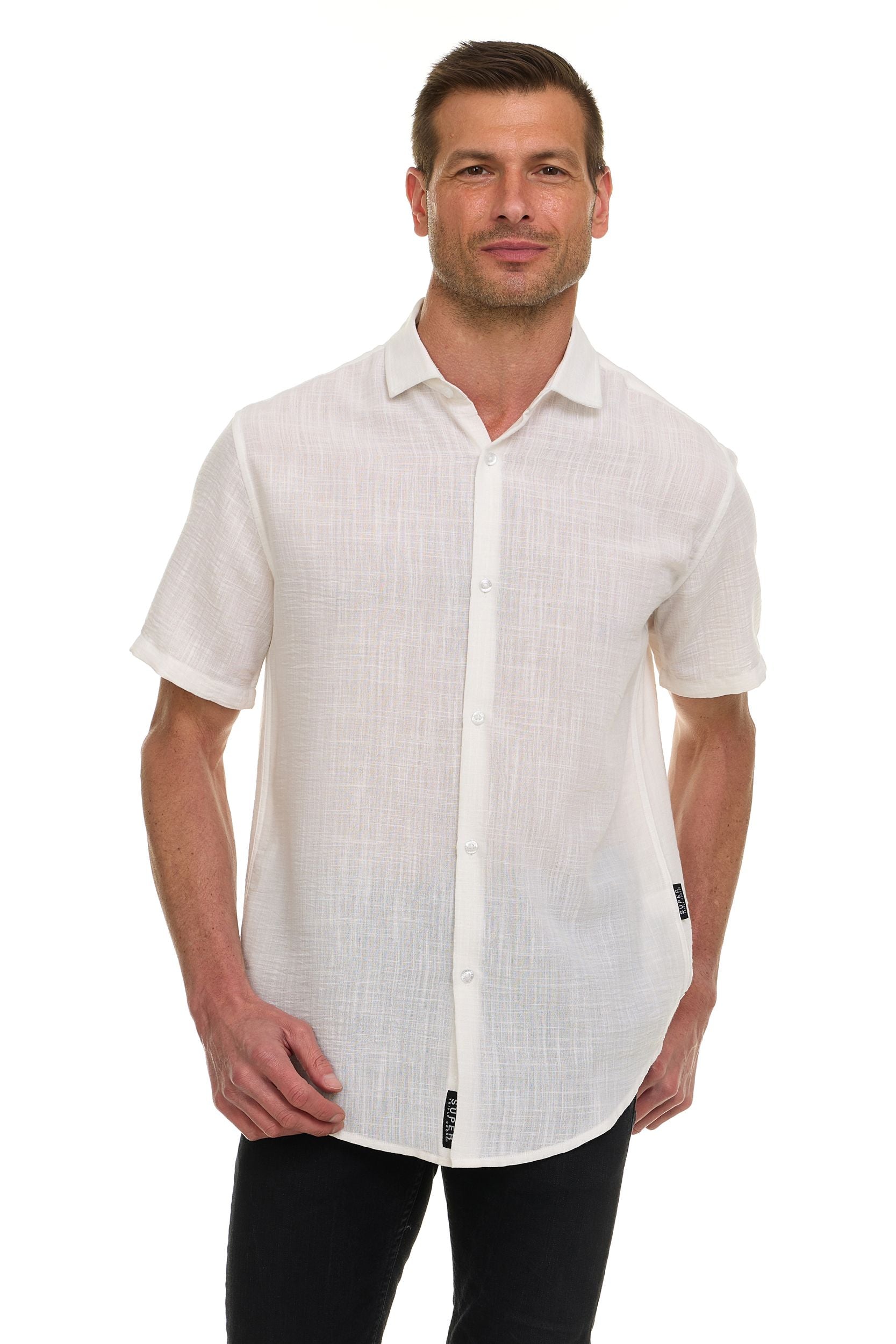 Canada Weather Gear Men’s Linen Look Short Sleeve Button-Up Shirt – Lightweight Collared Casual Shirt for Summer