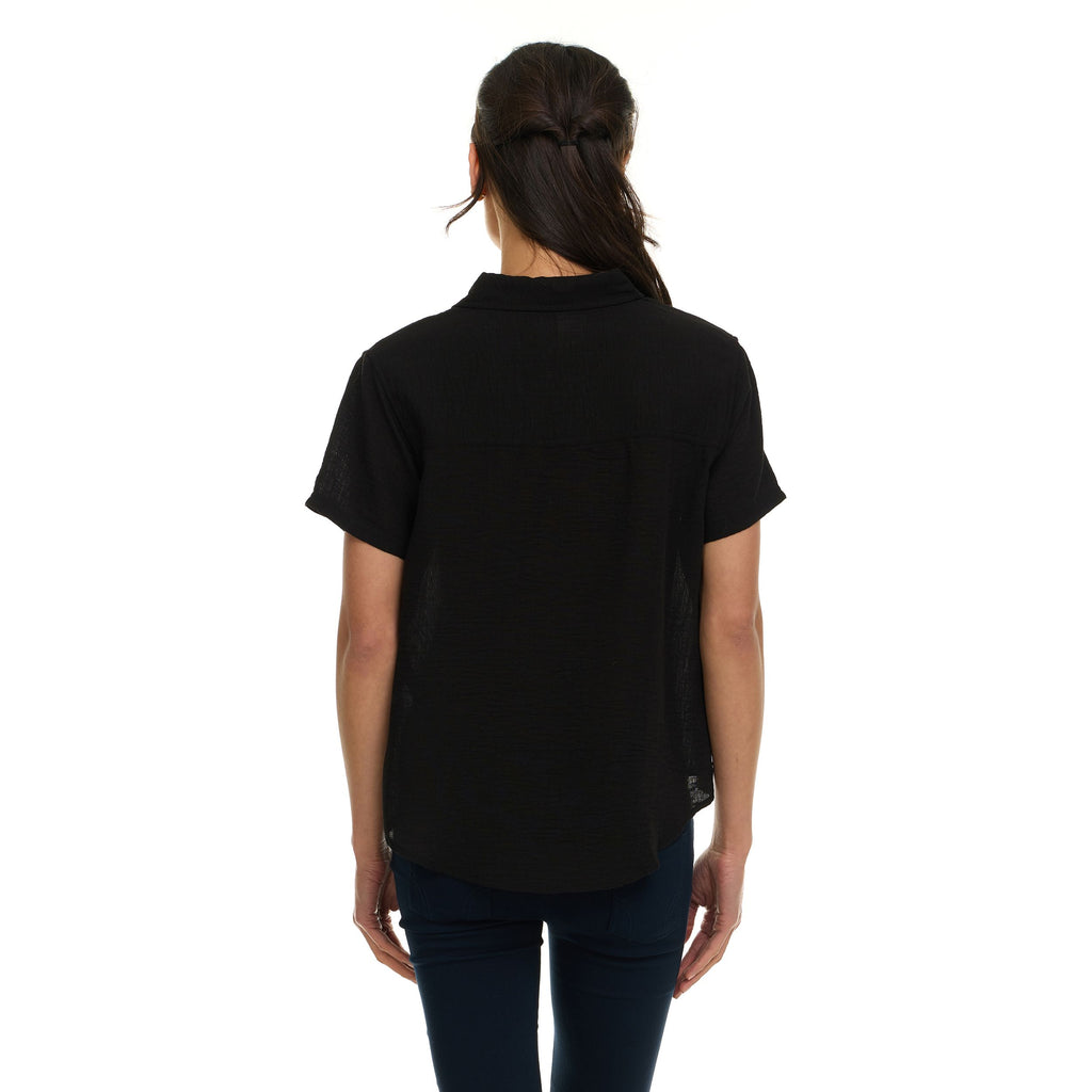 Super Triple Goose Women’s Short Sleeve Linen Shirt – Lightweight Button-Up Collared Blouse with Front Pockets