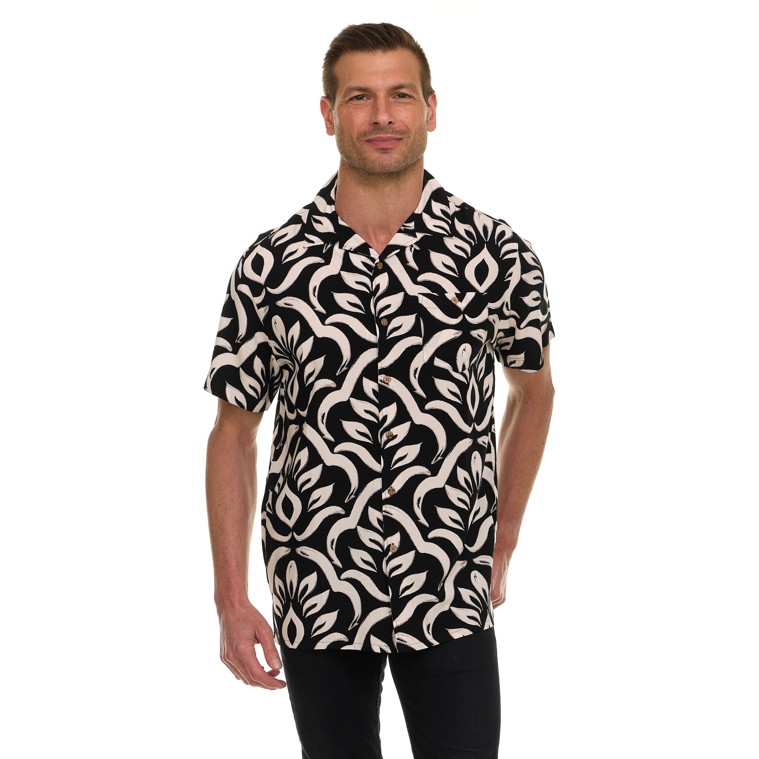 Super Triple Goose Men’s Printed Rayon Camp Collar Shirt - Soft Feel, Moisture-Wicking, Easy Care