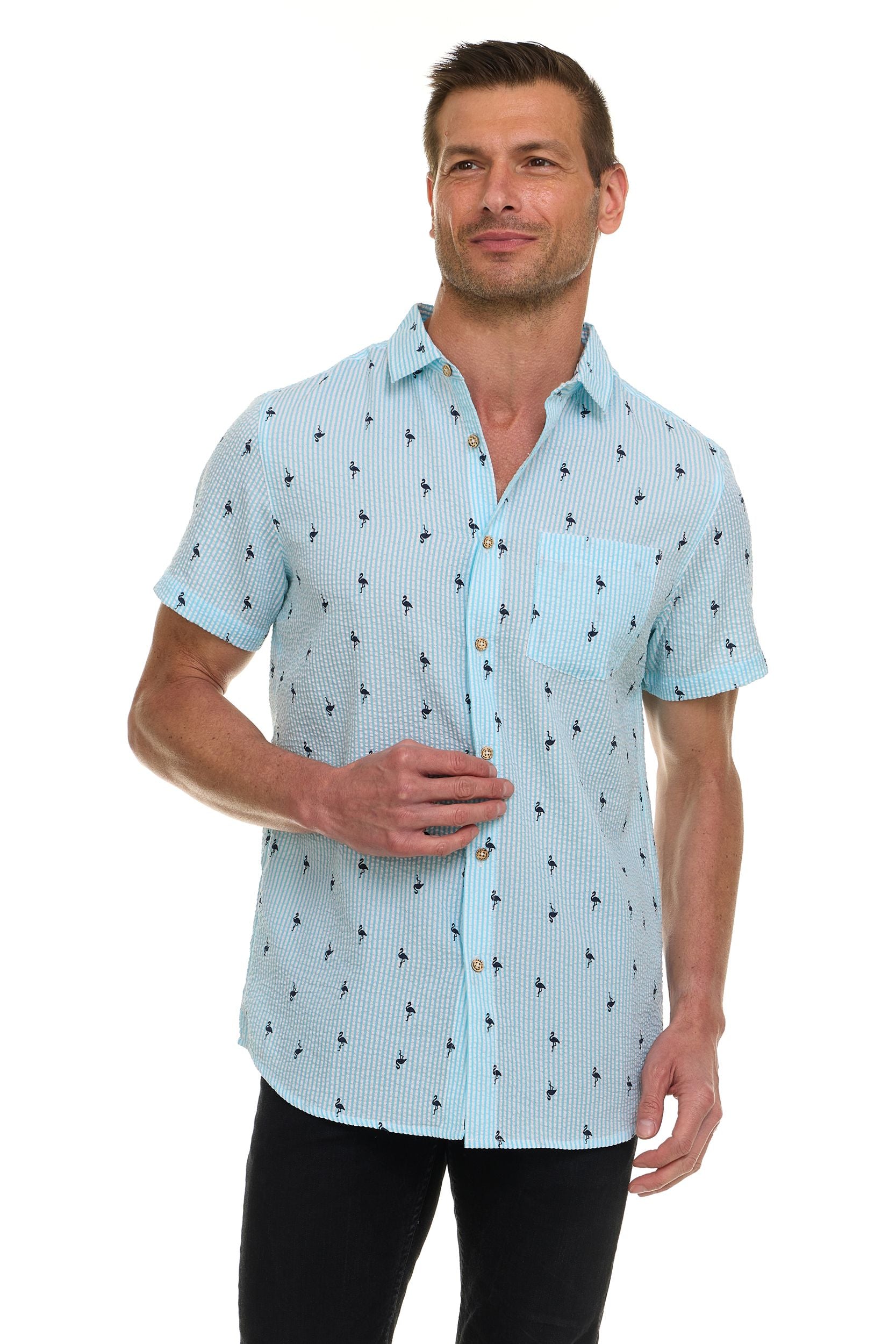 Canada Weather Gear Men’s Seersucker Short Sleeve Shirt with Allover Palm Print – Lightweight Button-Down Casual Shirt