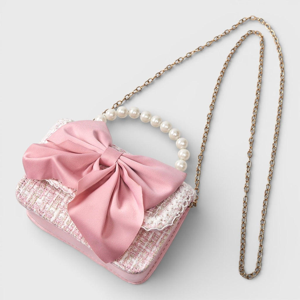 Willow & Ruby Girls' Pink Tweed Bow Crossbody Bag with Pearl Handle