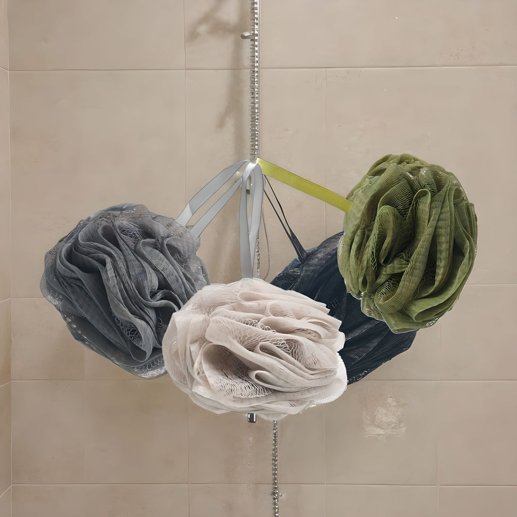 Spa Essentials 4 Pack Bath Loofahs - Shower Poufs with Reusable Travel Bag (Black, Gray, Green, Light Gray)