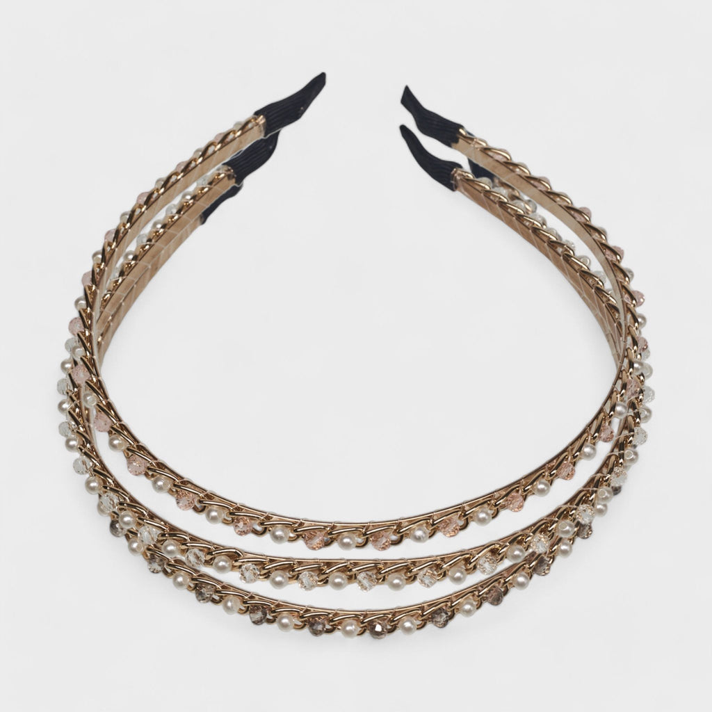 Hair Essentials Women's 3-Pack Pearl & Rhinestone Decorative Headbands - Gold Finish Headband Set with Secure Fit, Hair Accessories for Women