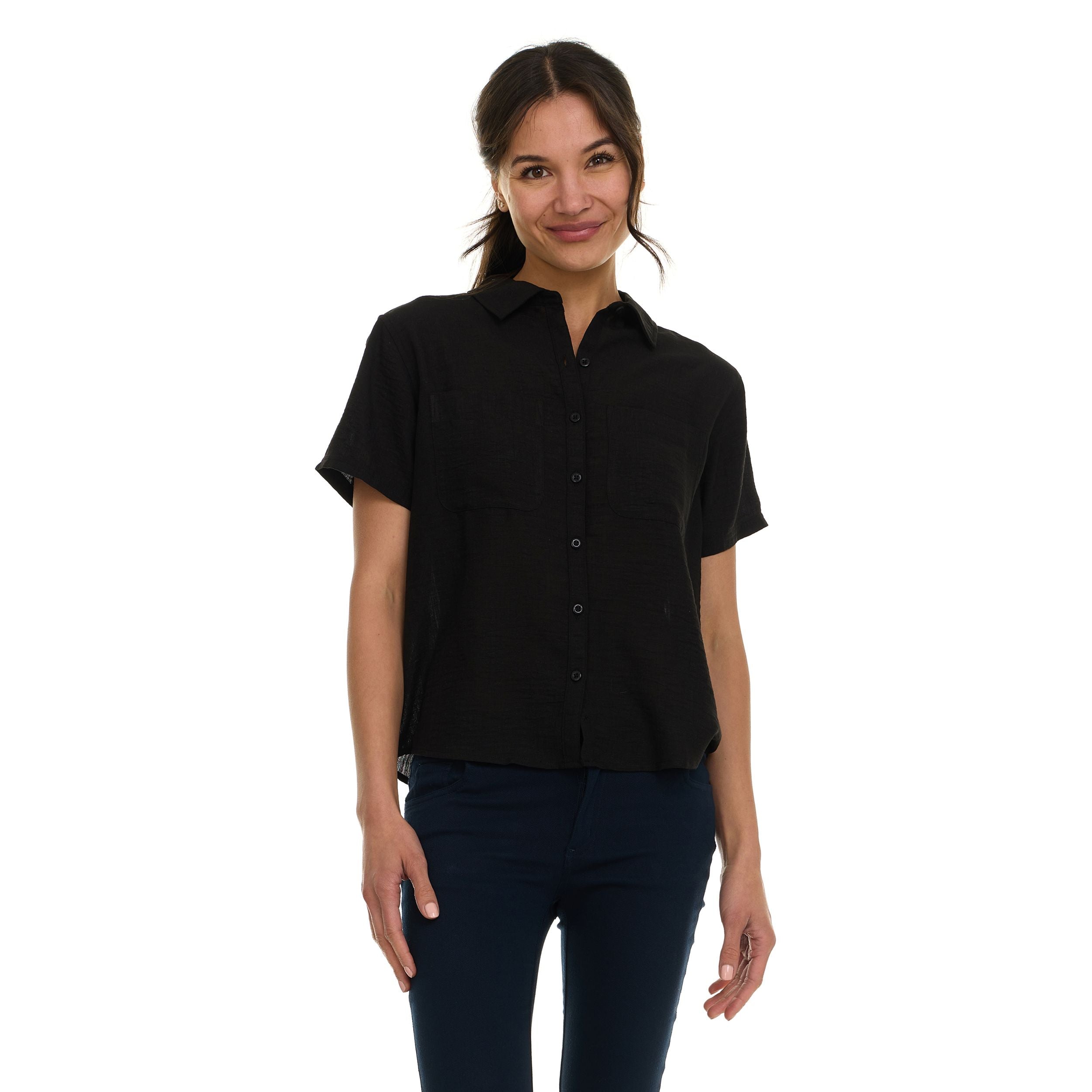 Super Triple Goose Women’s Short Sleeve Linen Shirt – Lightweight Button-Up Collared Blouse with Front Pockets