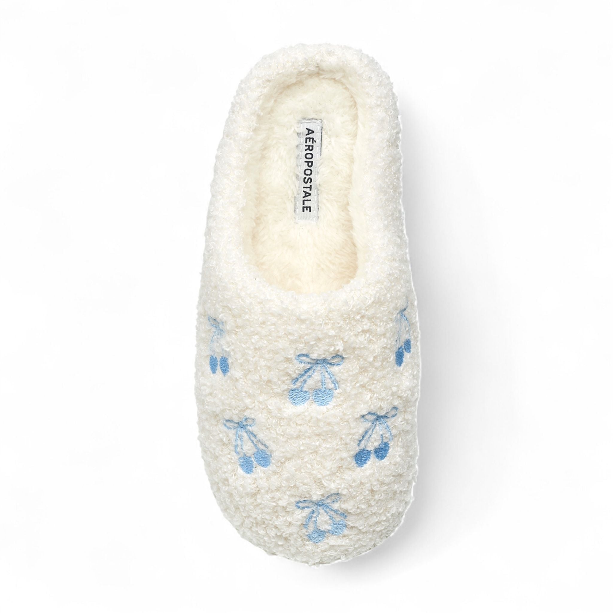 Aéropostale Women’s Fuzzy “Cherry-Bow” Mule Slippers – Ivory Slip-On House Shoes with Sky-Blue Cherry-Tie Embroidery & Non-Slip Outsole