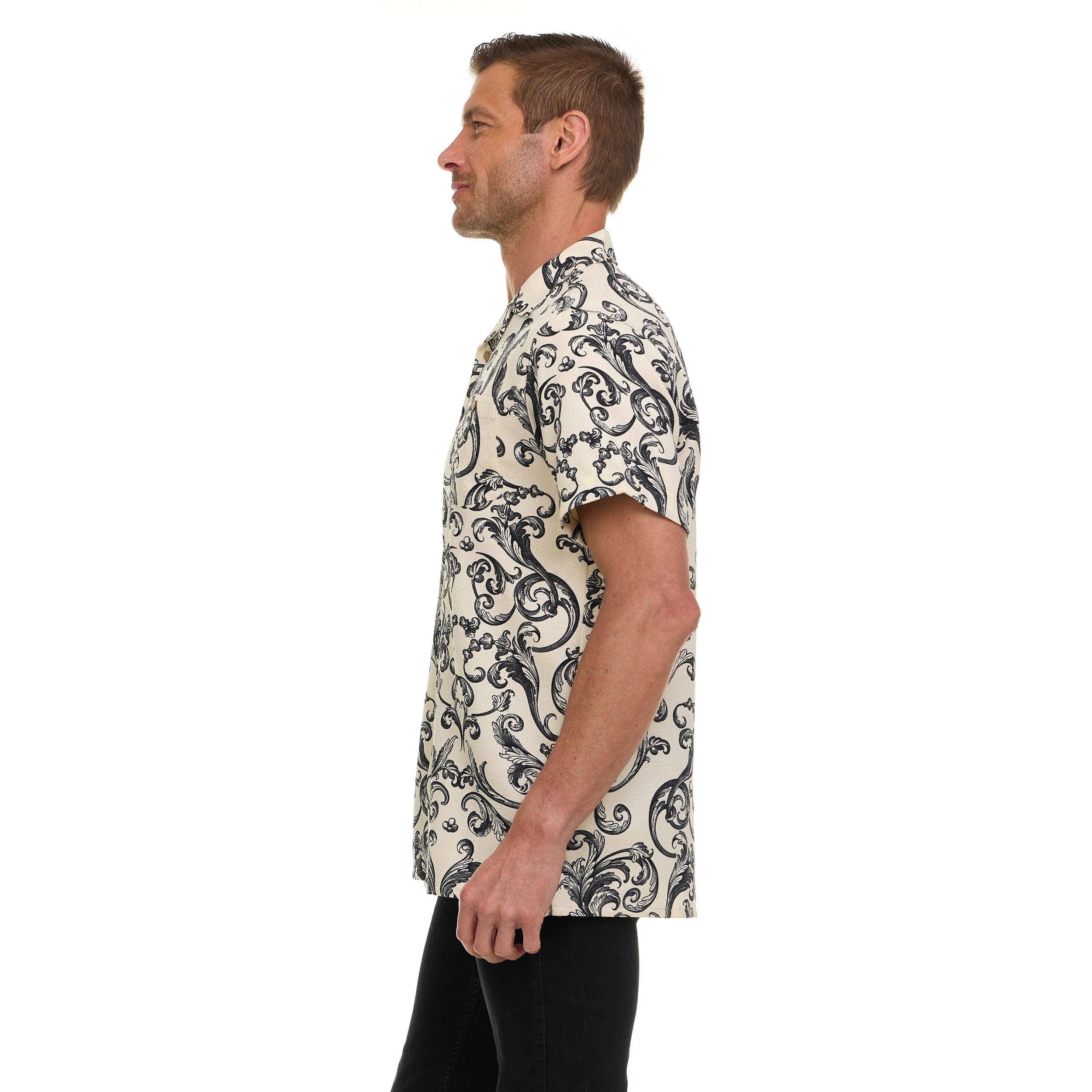 Super Triple Goose Men’s Textured Printed Camp Collar Shirt – Vintage-Inspired Stretch Shirt with Moisture Wicking & Easy Care