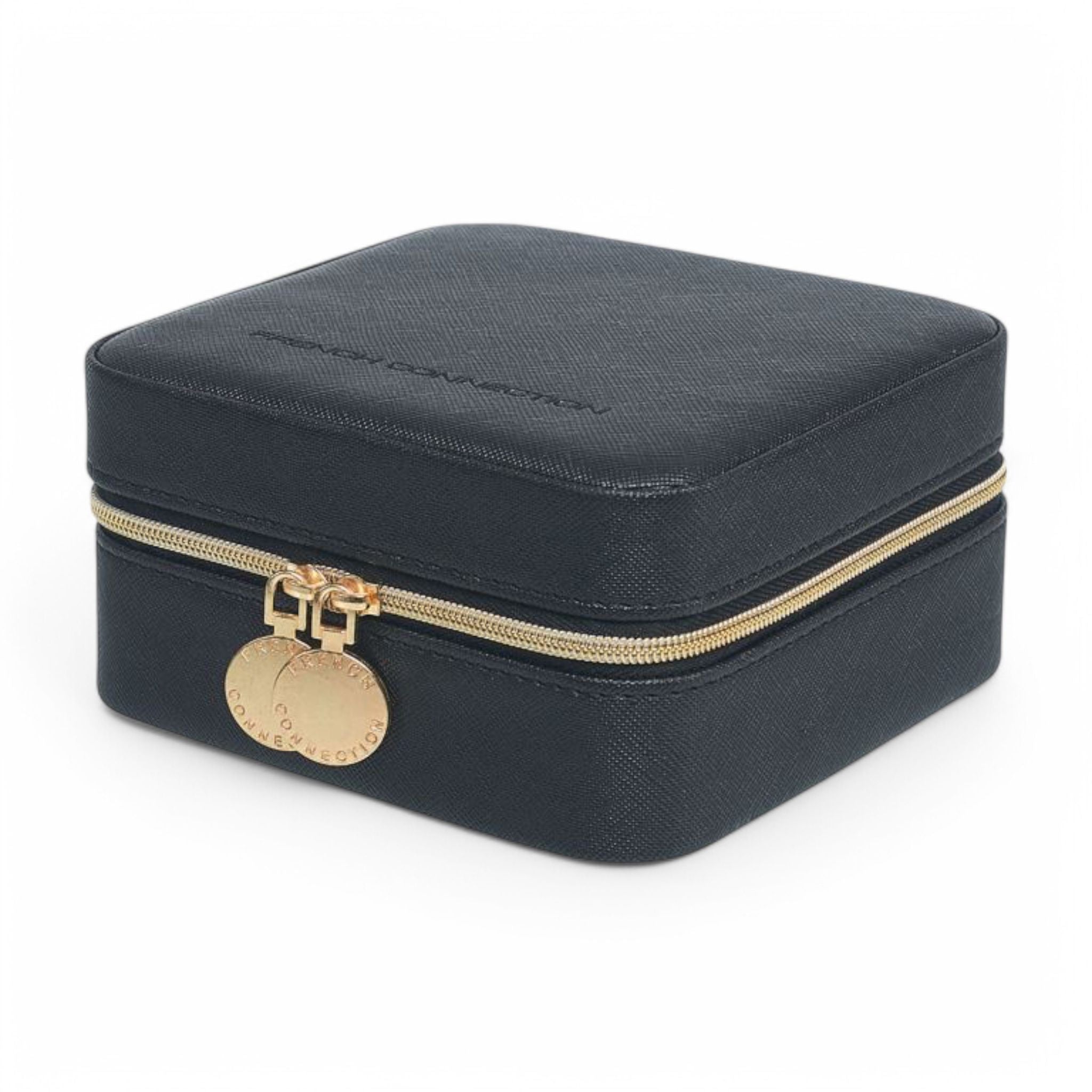 French Connection Large Travel Jewelry Box Organizer with Mirror – Faux Leather Storage for Rings, Earrings, Necklaces & Bracelets