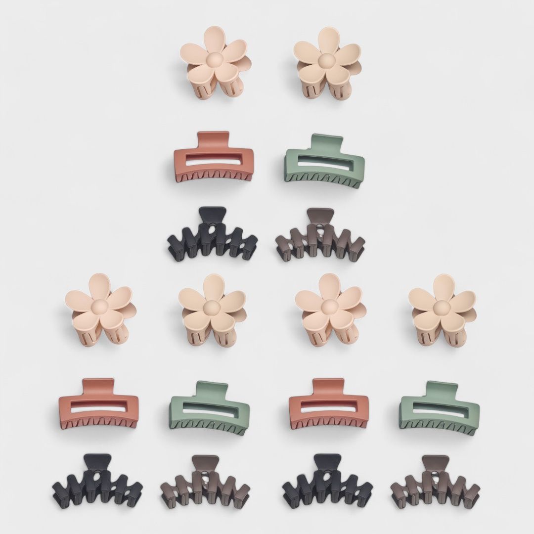 Hair Essentials Women's Hair Clip Set - Flower, Rectangle, and Modern Claw Clips in Neutral Colors, (6-Piece or 18-Piece Packs)