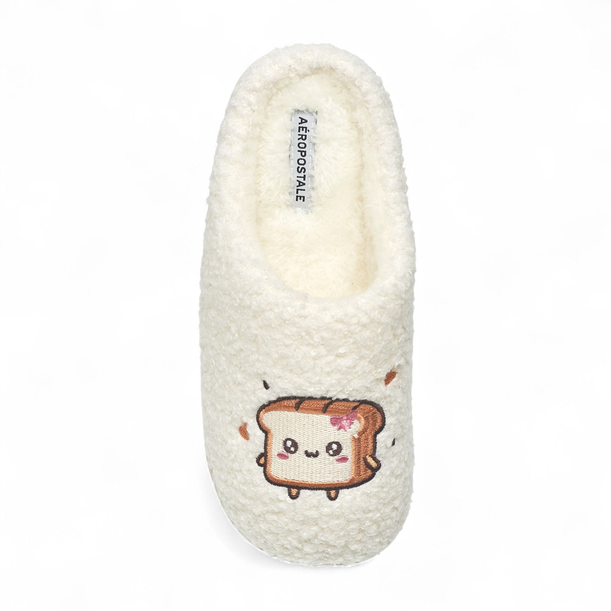 Aéropostale Women’s Fuzzy “Kawaii Toast” Mule Slippers – Ivory Slip-On House Shoes with Cute Bread Slice Embroidery, Plush Lining in Small