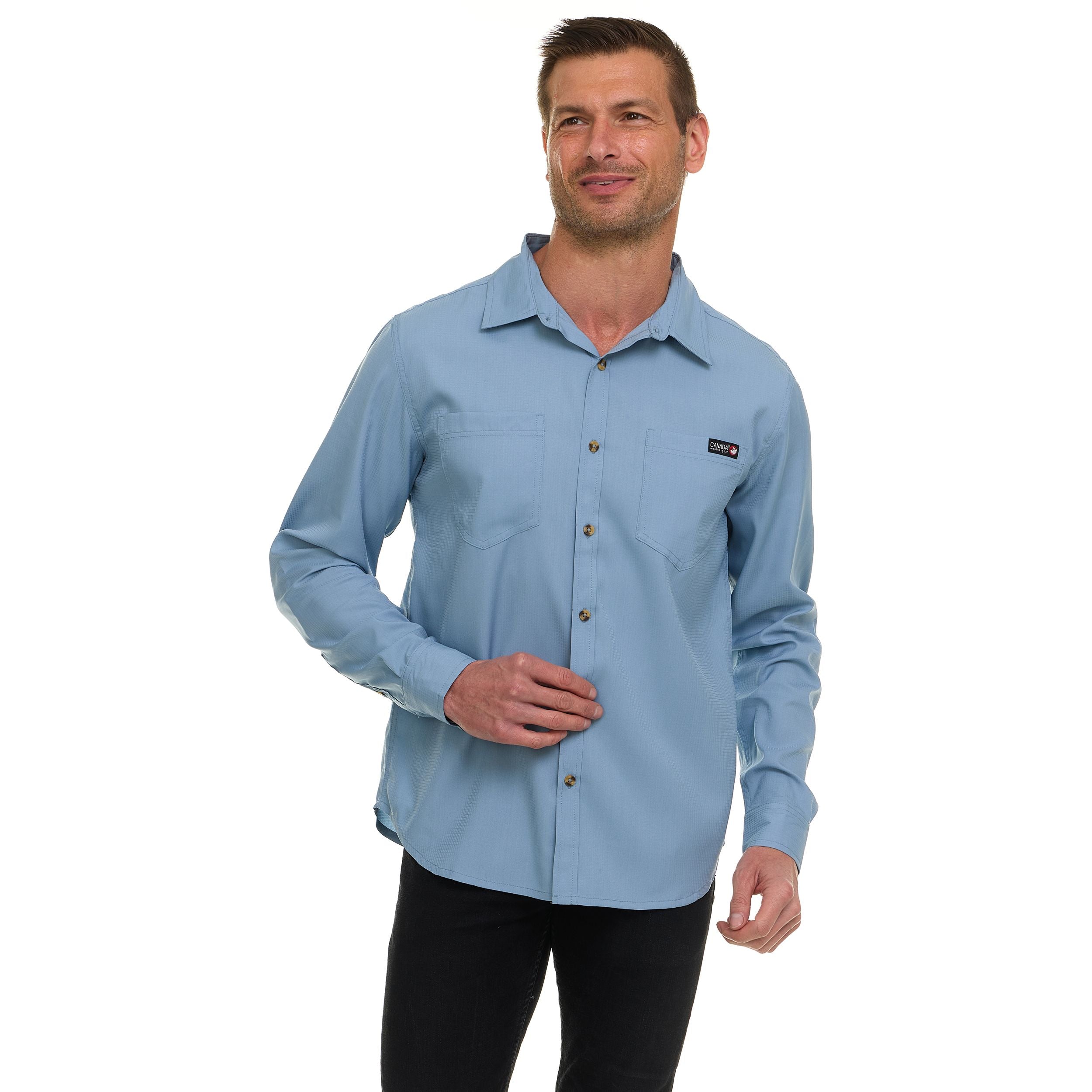 Canada Weather Gear Men’s Long Sleeve Ripstop Shirt – Roll-Up Sleeves, Dual Chest Pockets, Outdoor Lightweight Button-Down