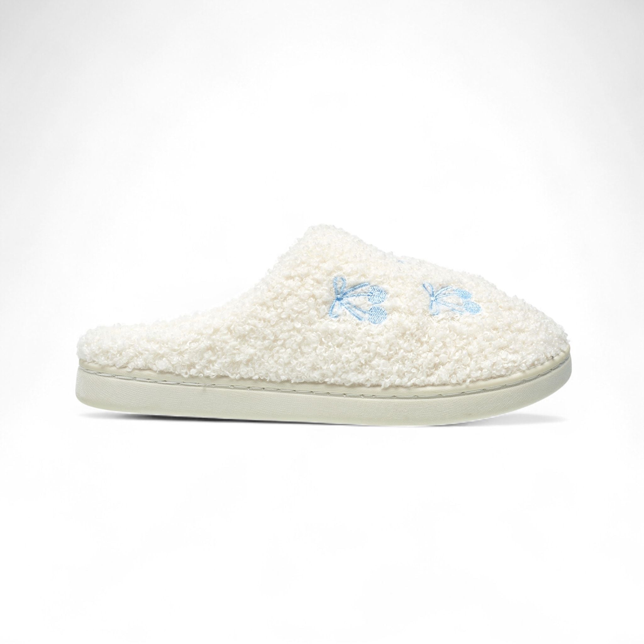Aéropostale Women’s Fuzzy “Cherry-Bow” Mule Slippers – Ivory Slip-On House Shoes with Sky-Blue Cherry-Tie Embroidery & Non-Slip Outsole