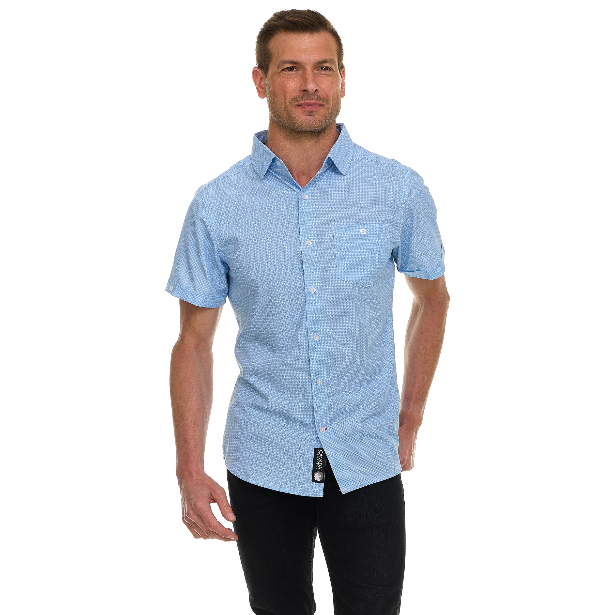 Canada Weather Gear Men’s Short Sleeve Button-Up Shirt – Casual Slim Fit Collared Shirt with Front Pocket – Lightweight Stretch