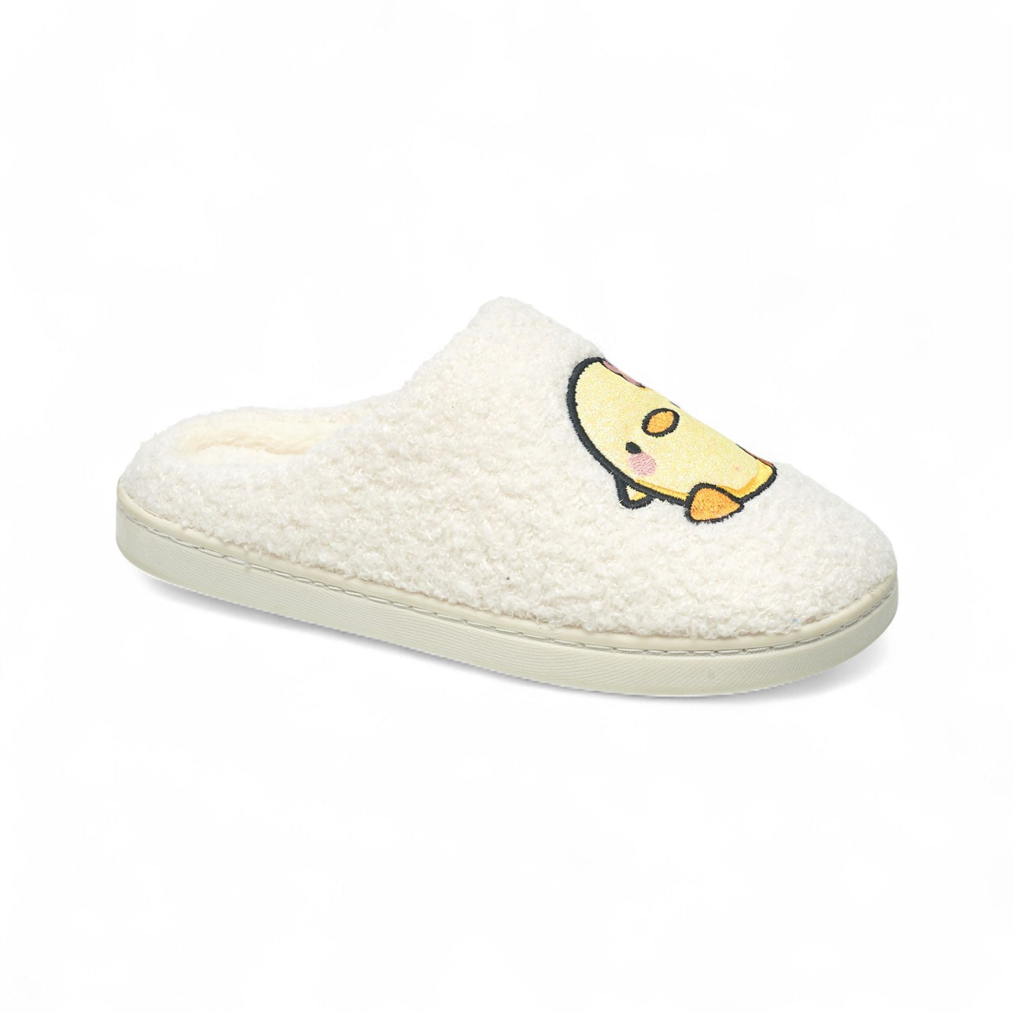 Aéropostale Women’s Fuzzy Chick Mule Slippers – Ivory Slip-On House Shoes with Yellow Embroidered Chick & Flower
