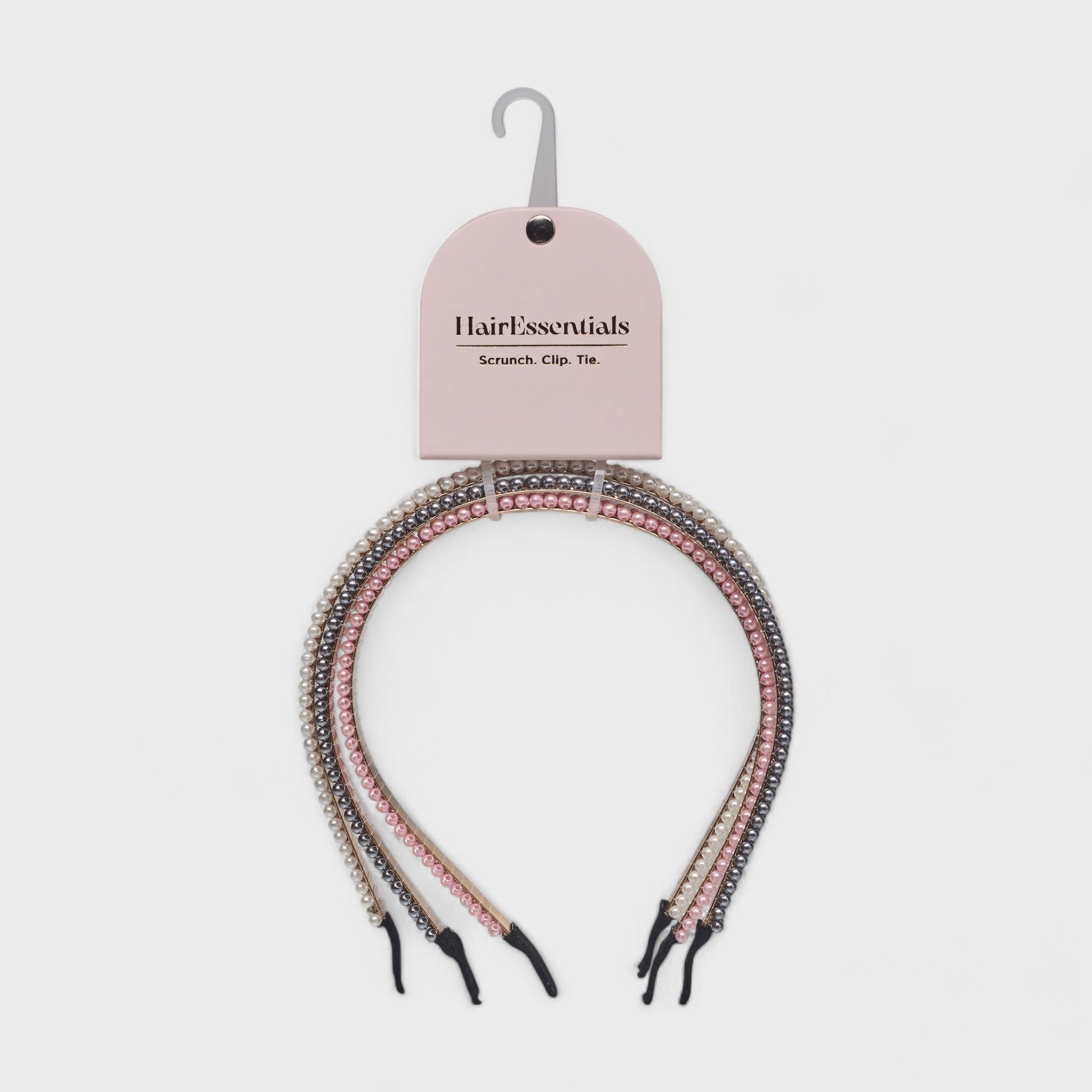 Hair Essentials Women's 3-Pack Pearl Embellished Headbands - Multi-Color (Pink, White, Gray) - Women's Hair Accessories for Stylish Everyday Looks