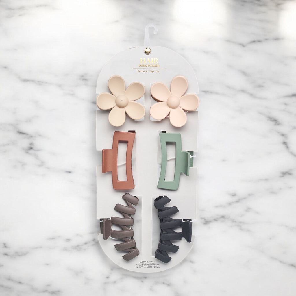 Hair Essentials Women's Hair Clip Set - Flower, Rectangle, and Modern Claw Clips in Neutral Colors, (6-Piece or 18-Piece Packs)