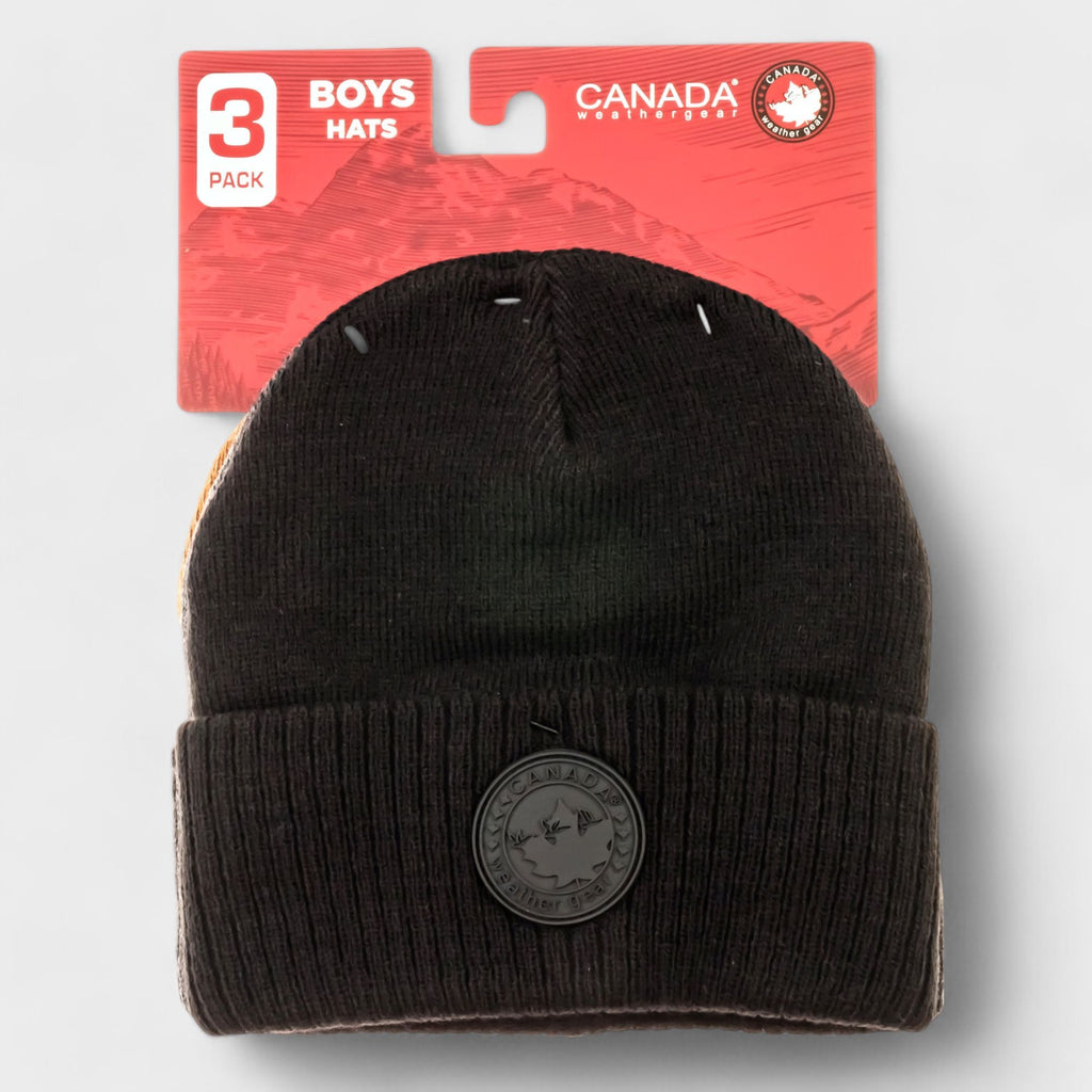Canada Weather Gear Boys 3-Pack Beanie - Winter Knit Hat Set  - Warm, Stylish & Comfortable Kids Beanies for Cold Weather