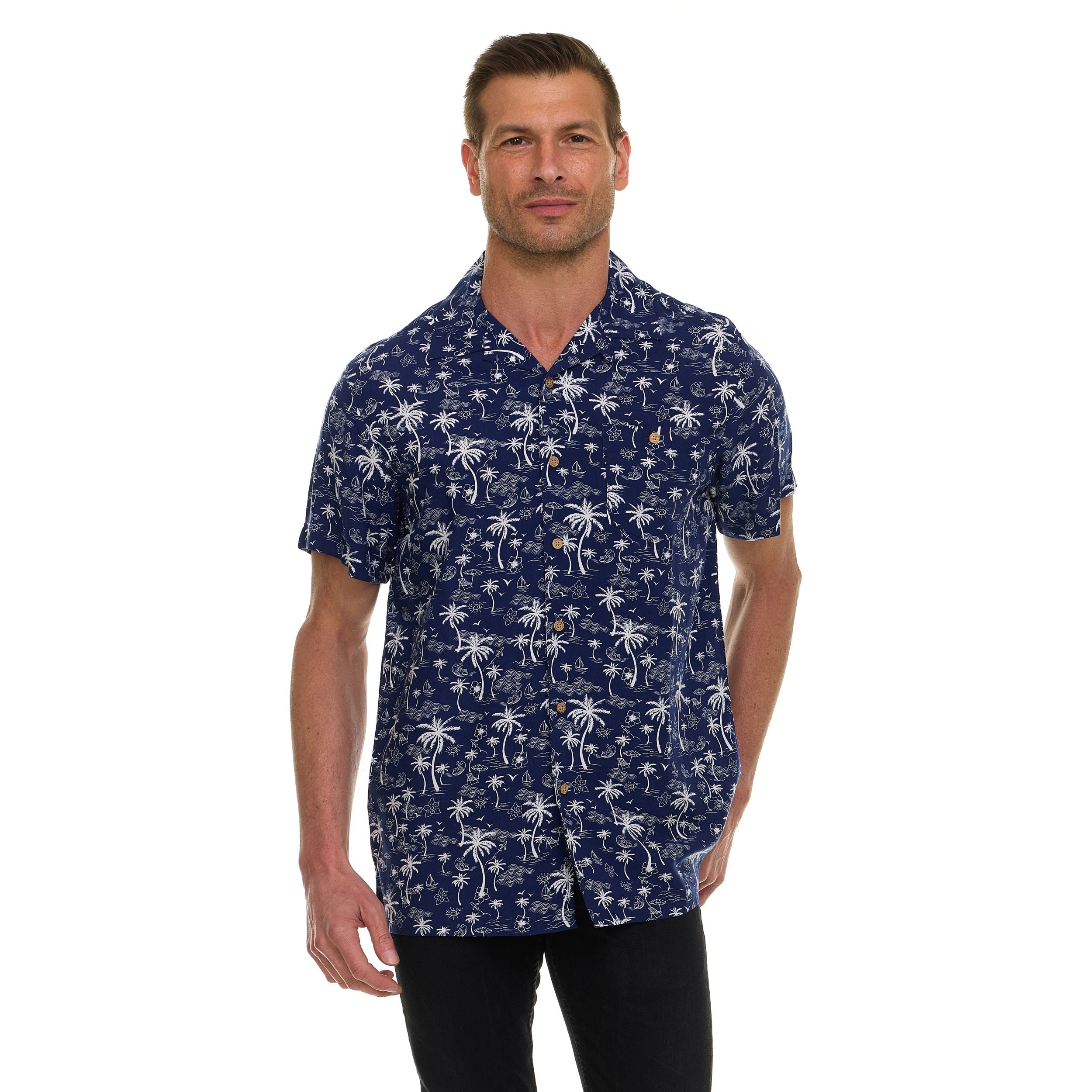 Super Triple Goose Men’s Printed Rayon Camp Collar Shirt - Soft Feel, Moisture-Wicking, Easy Care