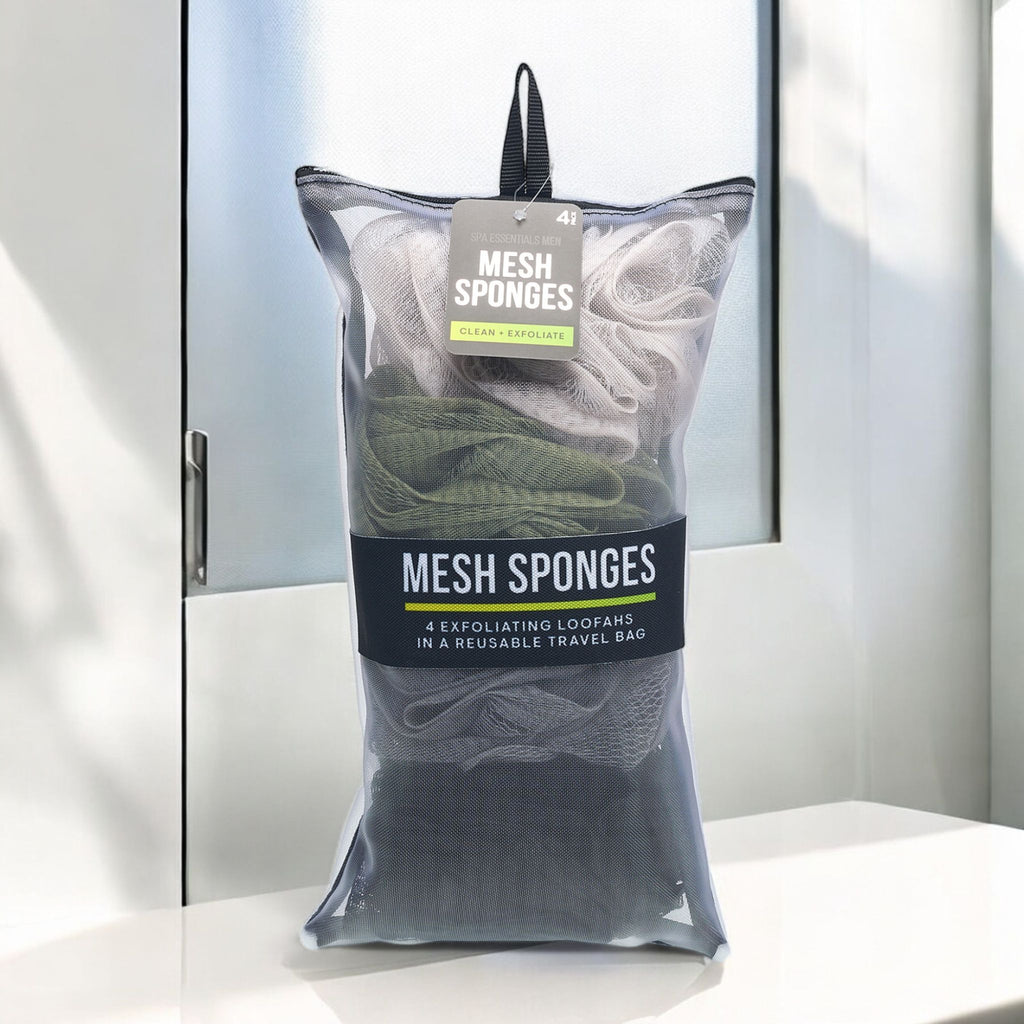 Spa Essentials 4 Pack Bath Loofahs - Shower Poufs with Reusable Travel Bag (Black, Gray, Green, Light Gray)