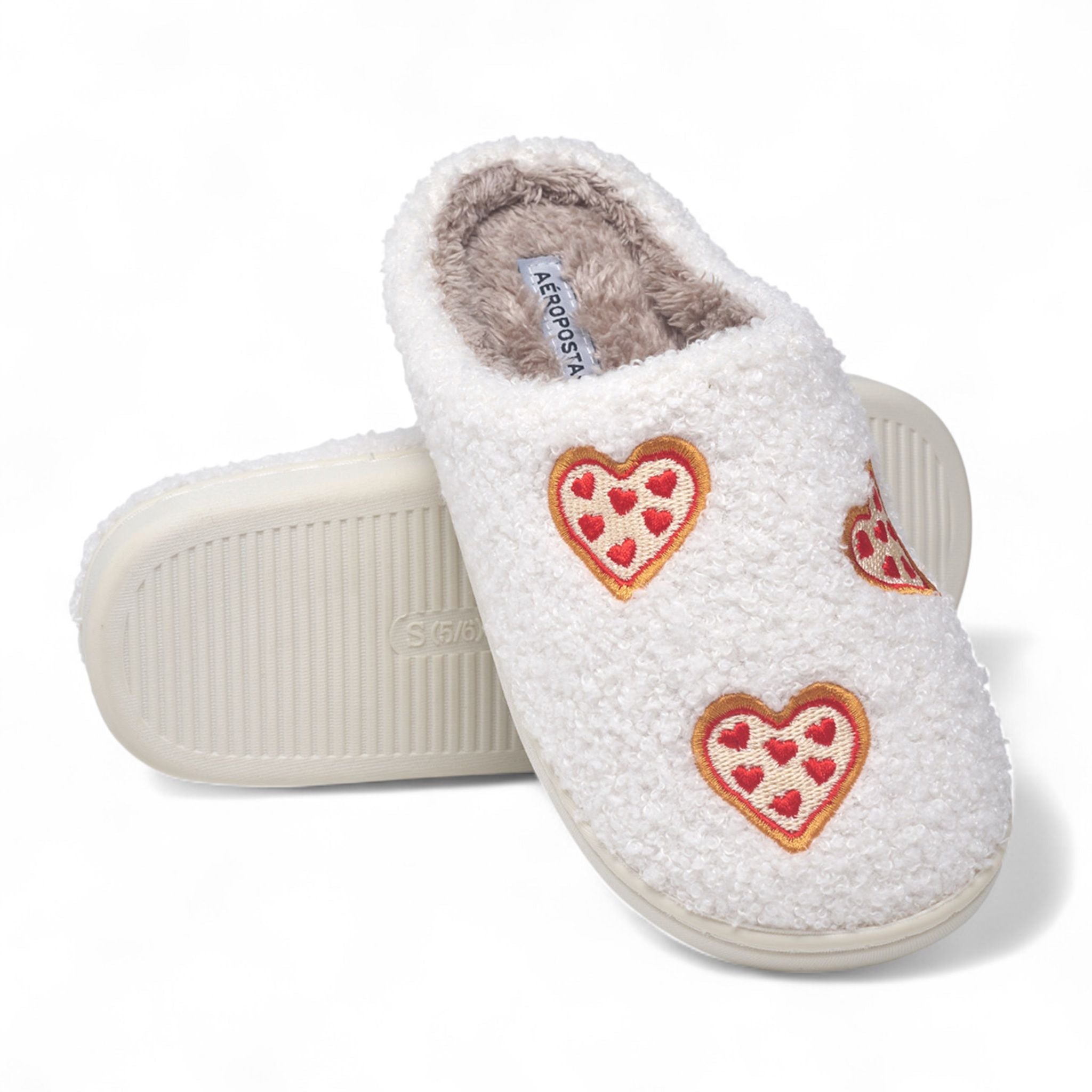 Aéropostale Women’s Fuzzy Pizza-Heart Mule Slippers – Ivory Slip-On House Shoes with Pepperoni Heart Embroidery & Non-Slip Outsole in Large