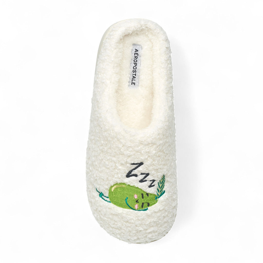 Aéropostale Women’s Fuzzy “Snoozing Pea” Mule Slippers – Ivory Slip-On House Shoes with Green Sleeping Pea & “Zzz” Embroidery