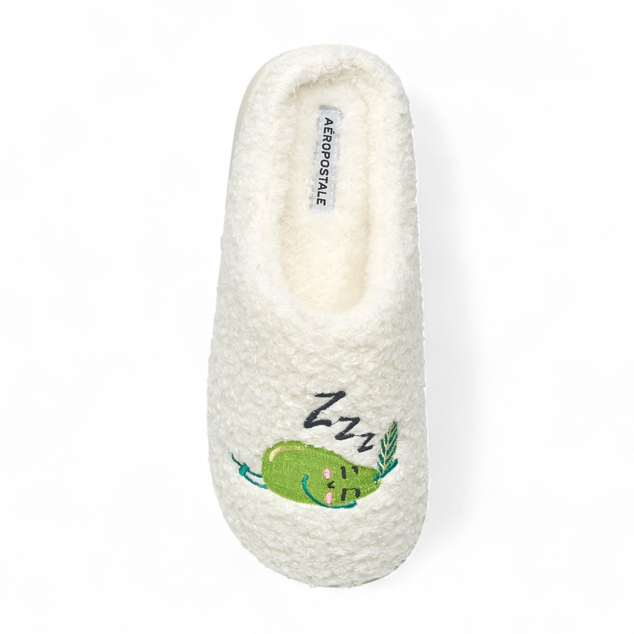 Aéropostale Women’s Fuzzy “Snoozing Pea” Mule Slippers – Ivory Slip-On House Shoes with Green Sleeping Pea & “Zzz” Embroidery