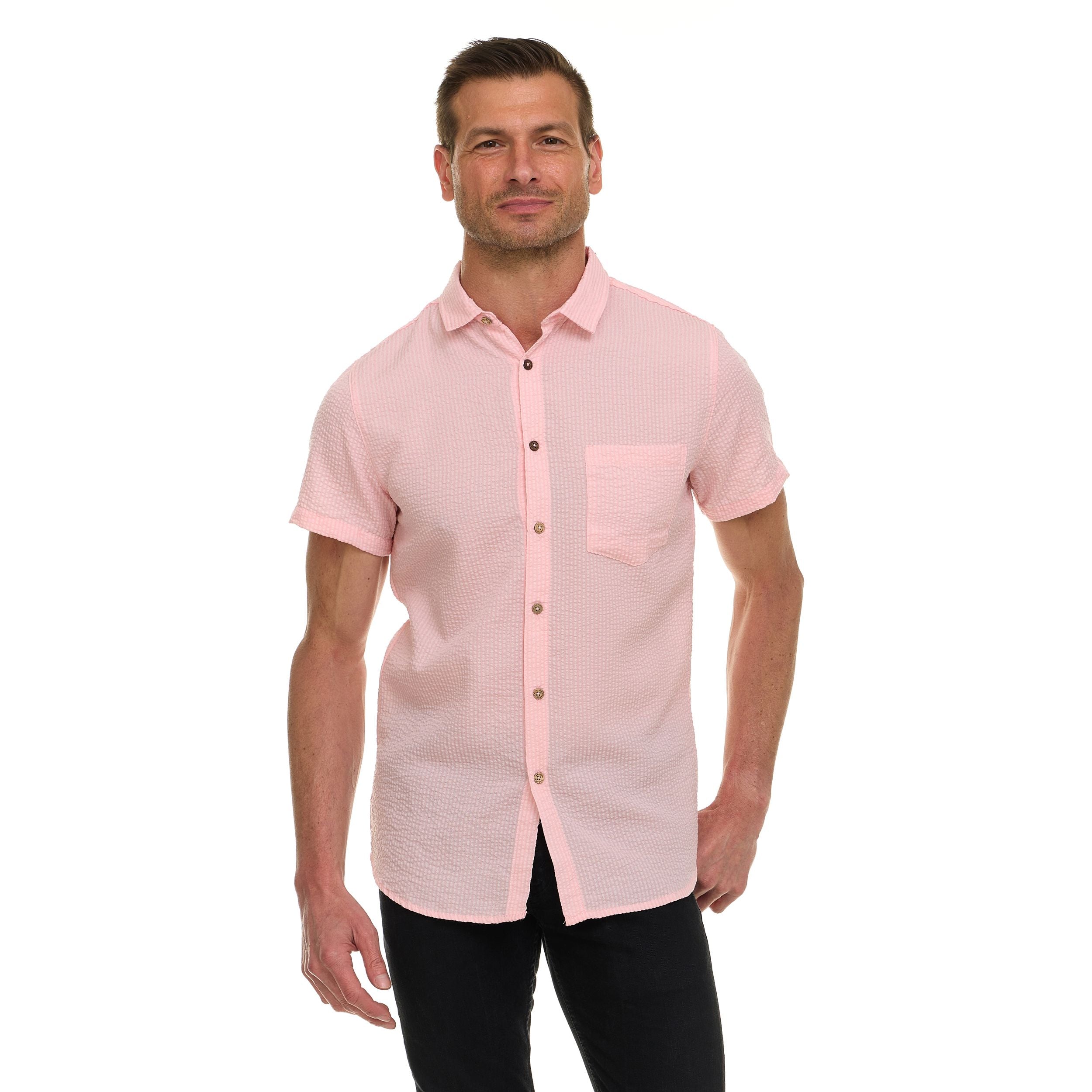 Canada Weather Gear Men’s Seersucker Button-Down Shirt – Short Sleeve Solid Textured Short Sleeve Shirt with Chest Pocket