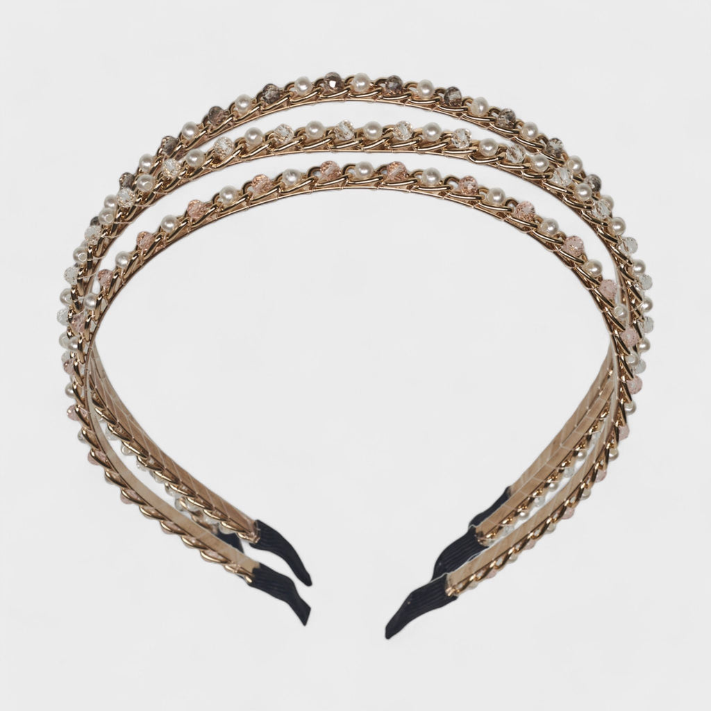 Hair Essentials Women's 3-Pack Pearl & Rhinestone Decorative Headbands - Gold Finish Headband Set with Secure Fit, Hair Accessories for Women