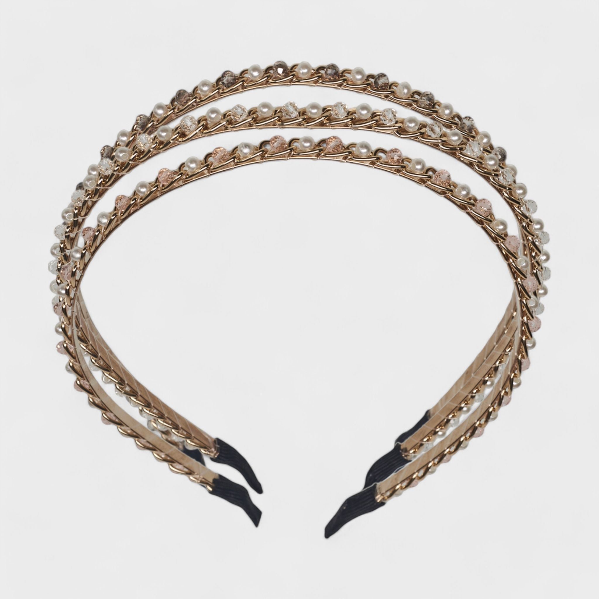 Hair Essentials Women's 3-Pack Pearl & Rhinestone Decorative Headbands - Gold Finish Headband Set with Secure Fit, Hair Accessories for Women