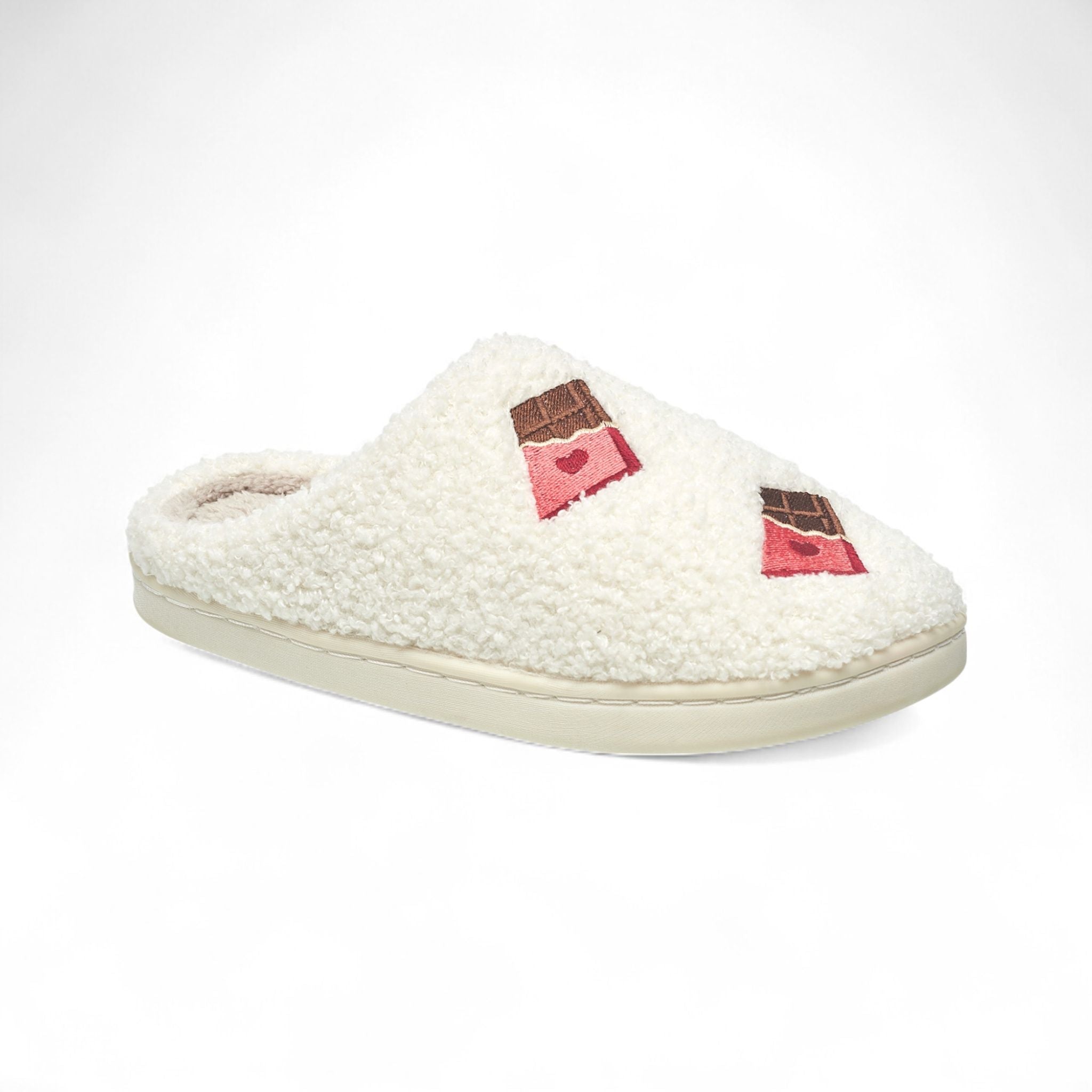 Aéropostale Women’s Fuzzy Chocolate Bar Mule Slippers – Ivory Slip-On House Shoes with Sweet Embroidered Candy Bars & Hearts