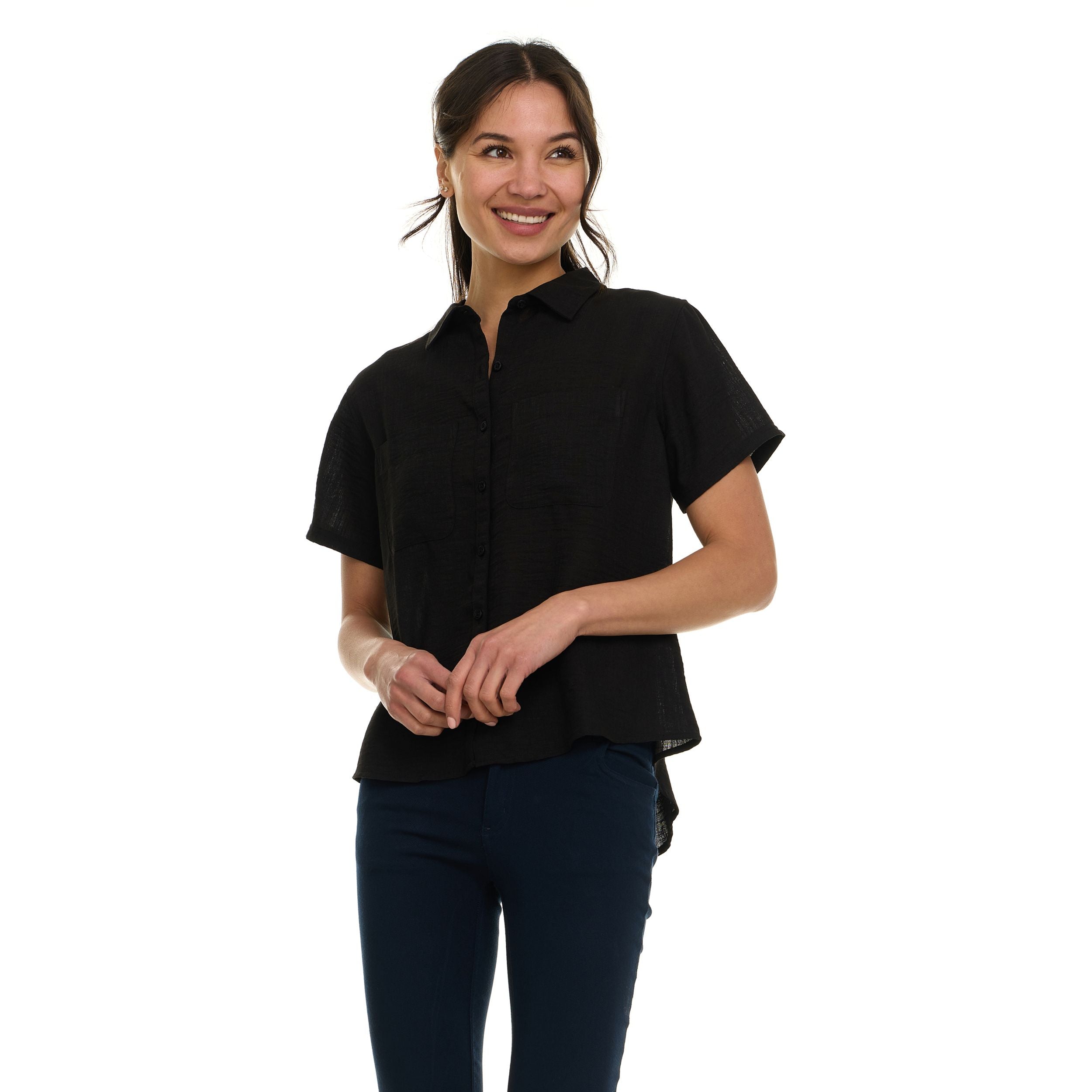 Super Triple Goose Women’s Short Sleeve Linen Shirt – Lightweight Button-Up Collared Blouse with Front Pockets