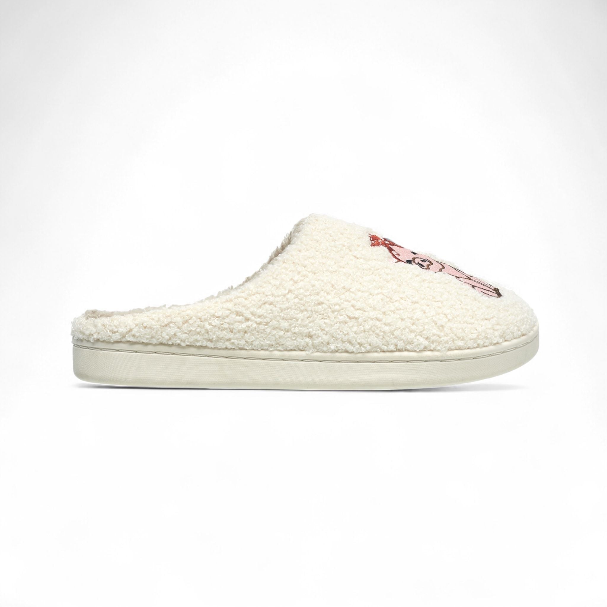 Aéropostale Women’s Fuzzy Pig Mule Slippers – Ivory Slip-On House Shoes with Cute Pink Pig & Red Bow Embroidery