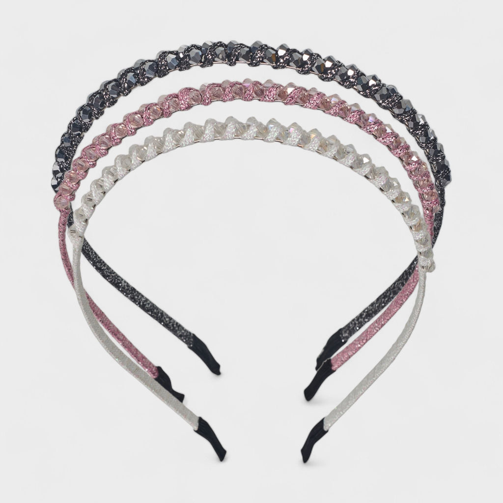 Hair Essentials Women's 3-Pack Rhinestone Headbands for Women - Sparkling Crystal Braided Headbands - Pink, White, and Black Colors